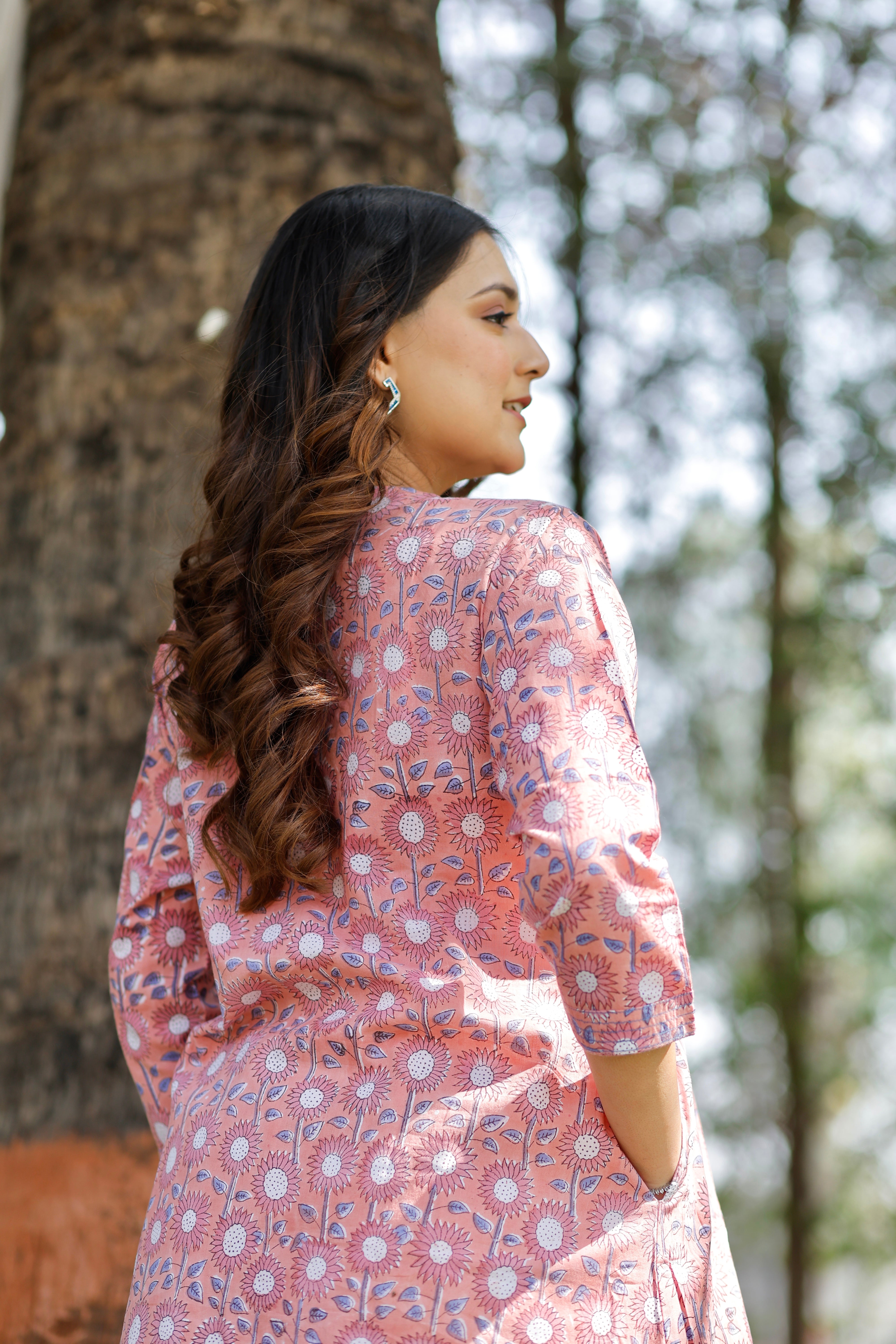 Coral Blush Hand Block Printed Cotton Kurta