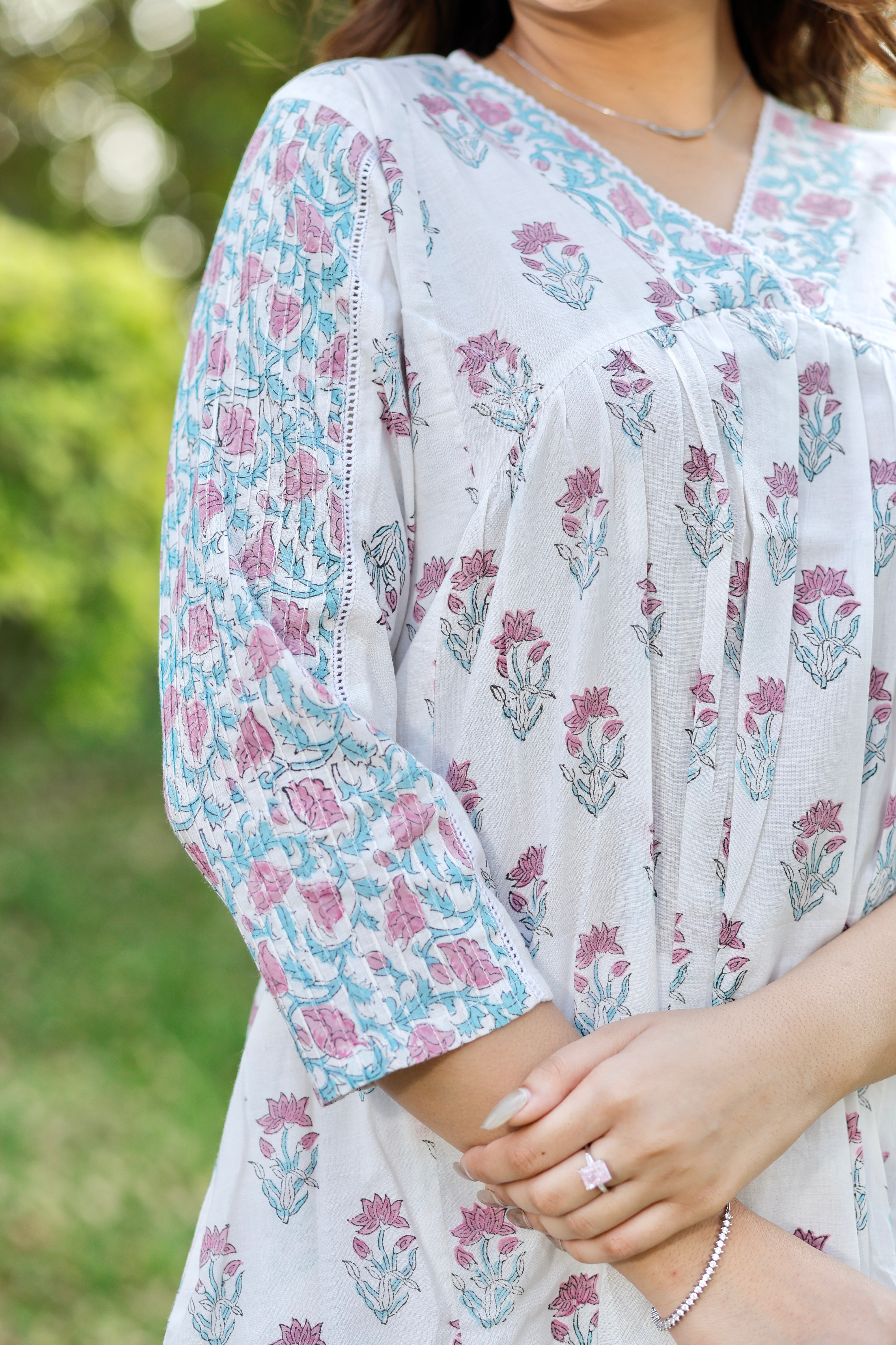 White Bloom Floral Hand Block Printed Cotton Kurta
