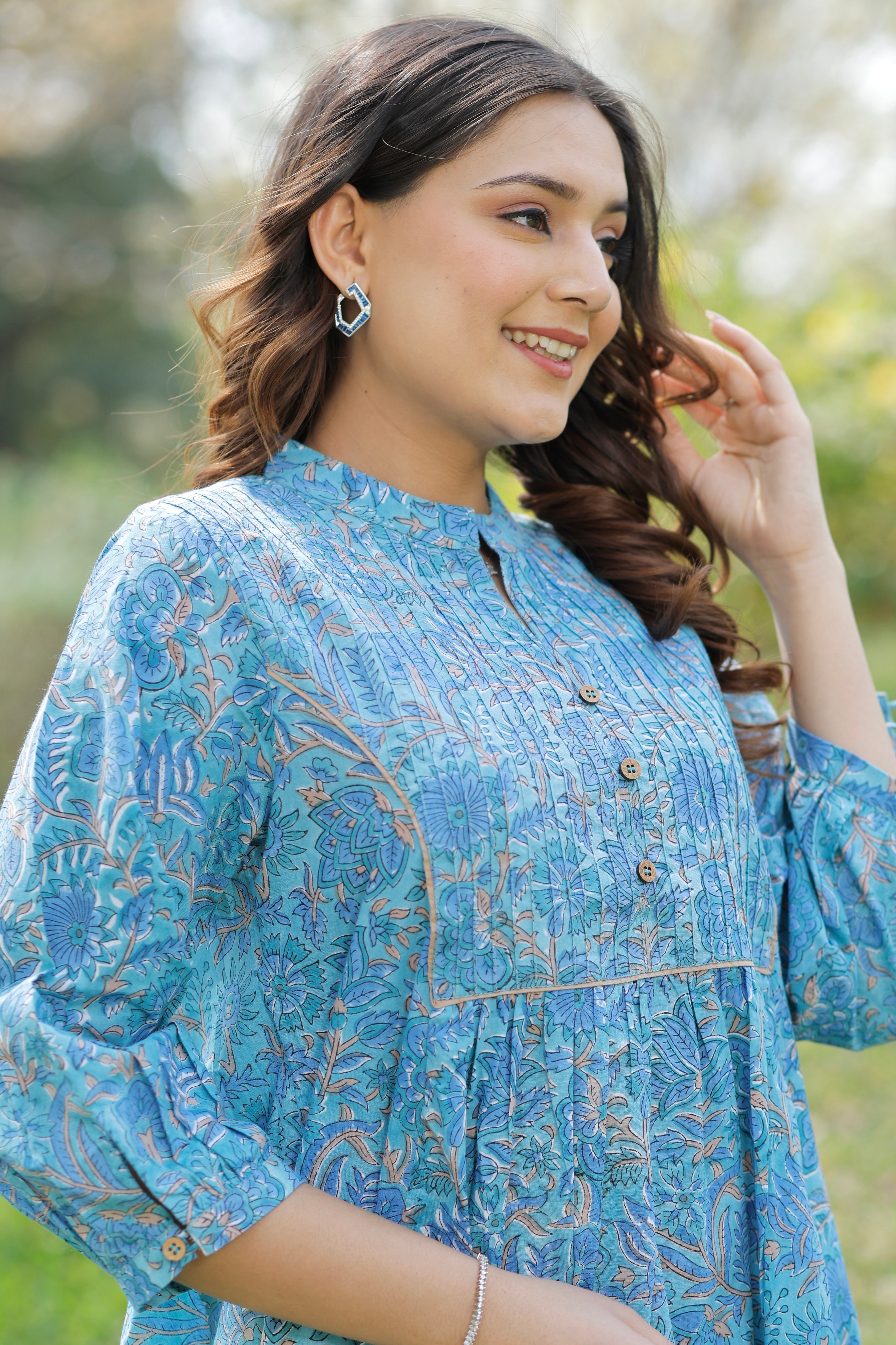 Aqua Blue Bloom Hand Block Printed Cotton Kurta