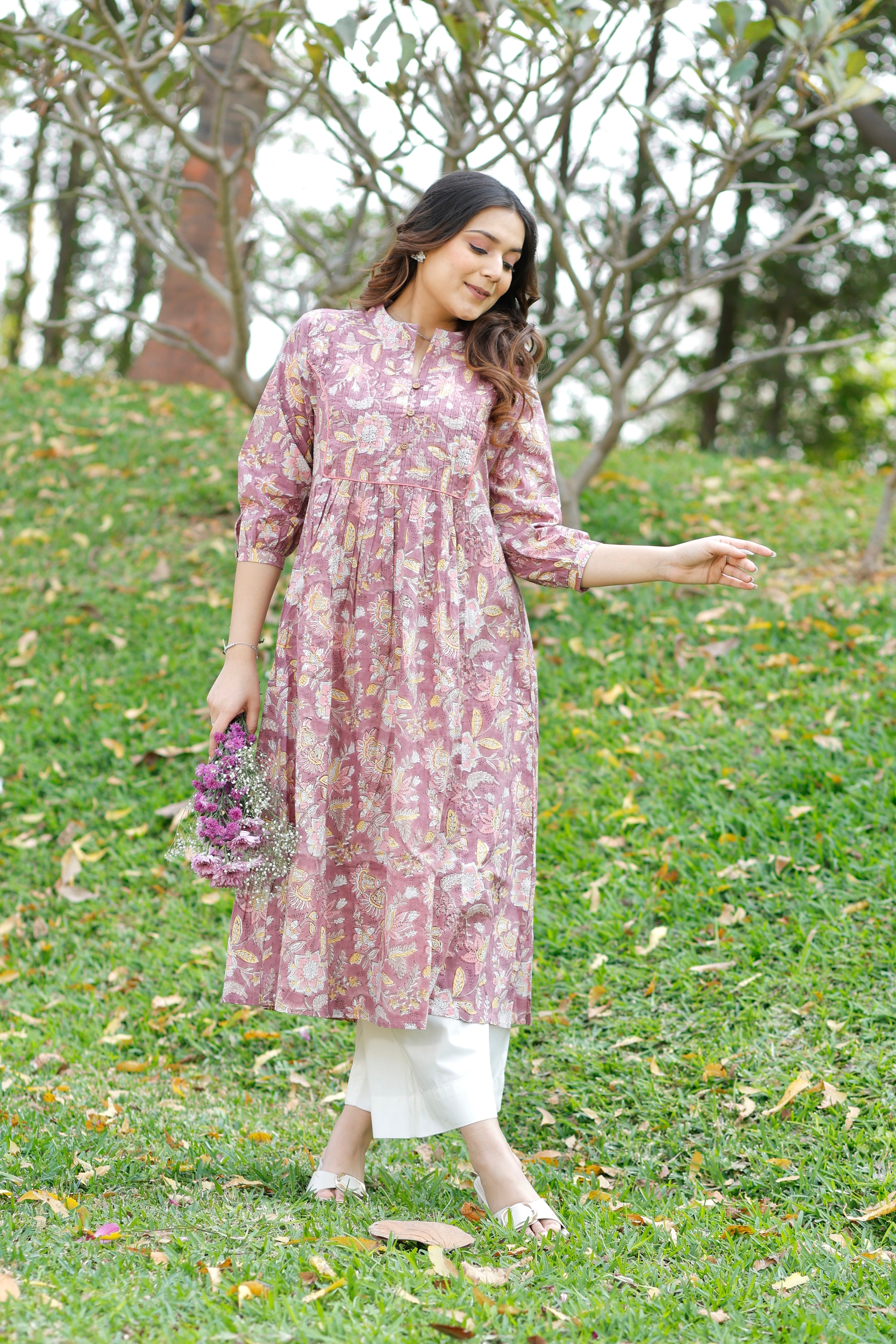 Rose Mauve Hand Block Printed Cotton Kurta