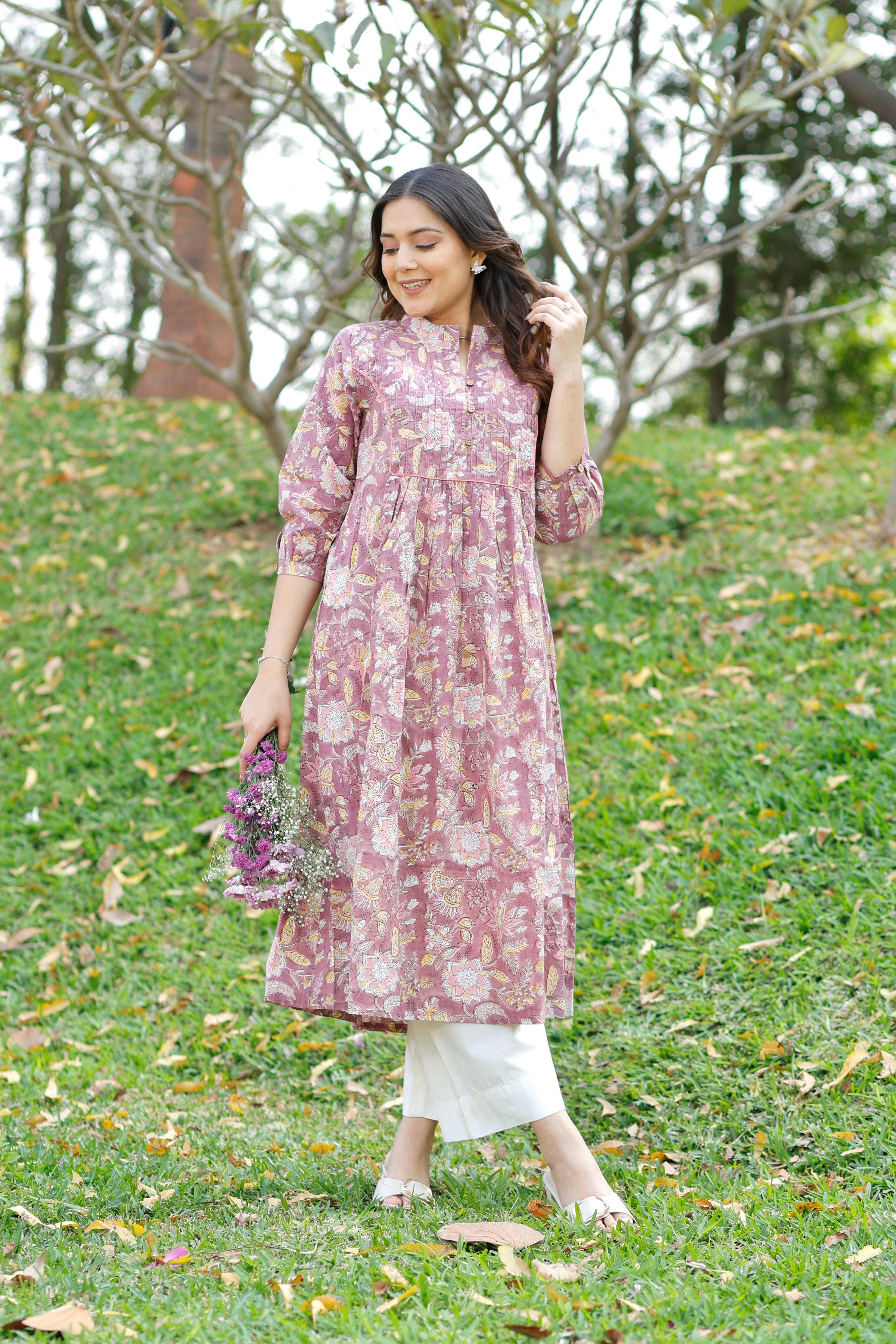Rose Mauve Hand Block Printed Cotton Kurta