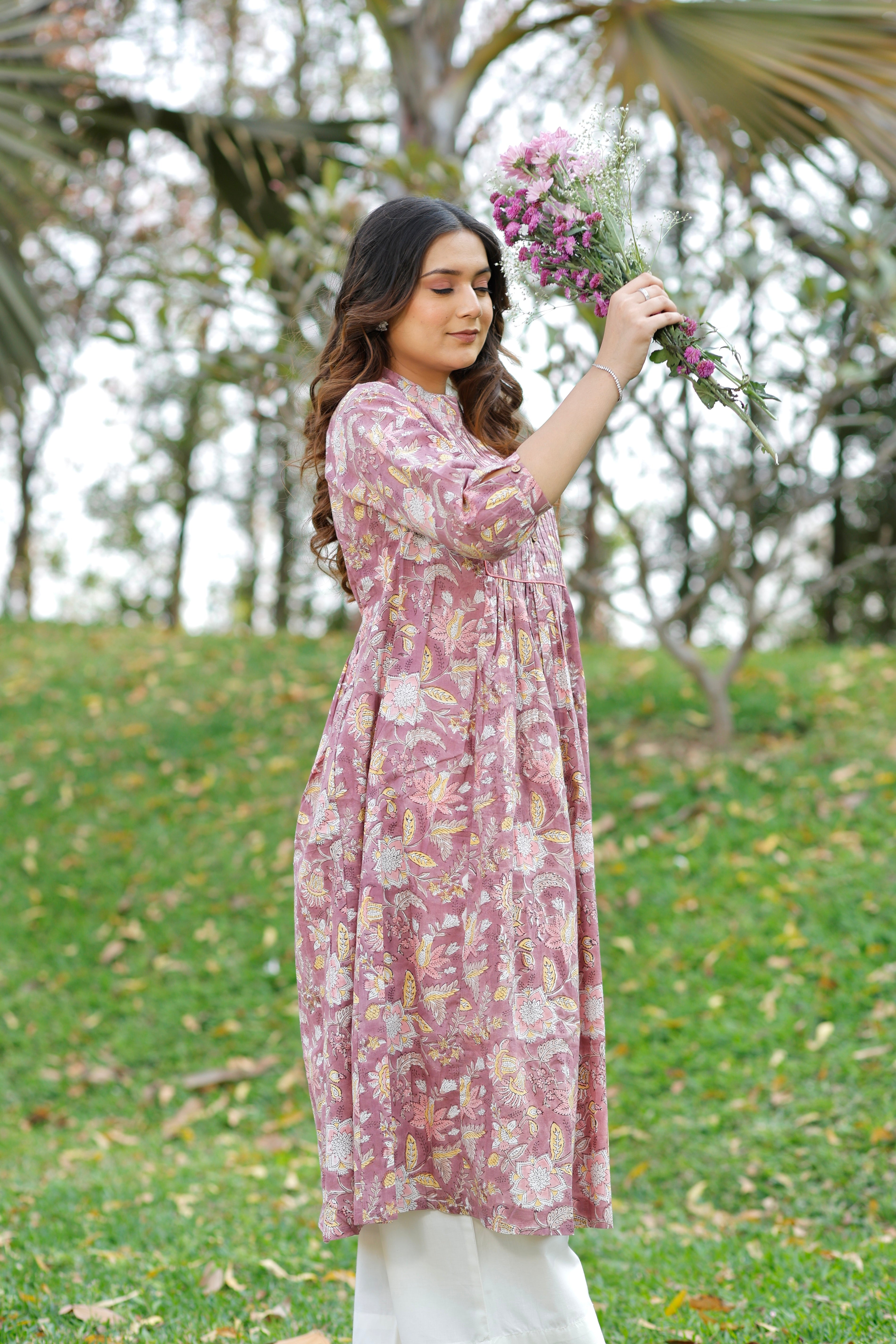Rose Mauve Hand Block Printed Cotton Kurta
