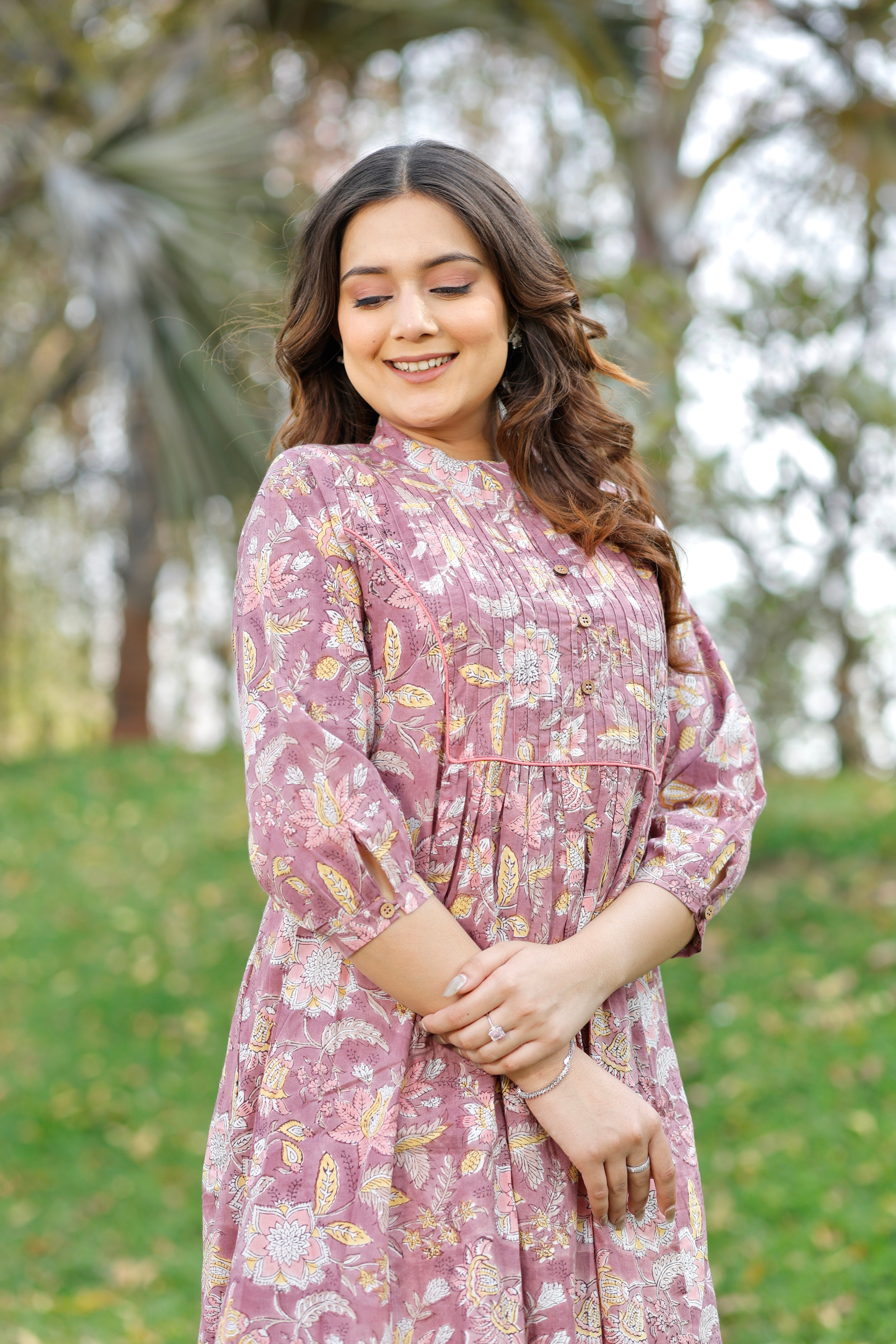Rose Mauve Hand Block Printed Cotton Kurta