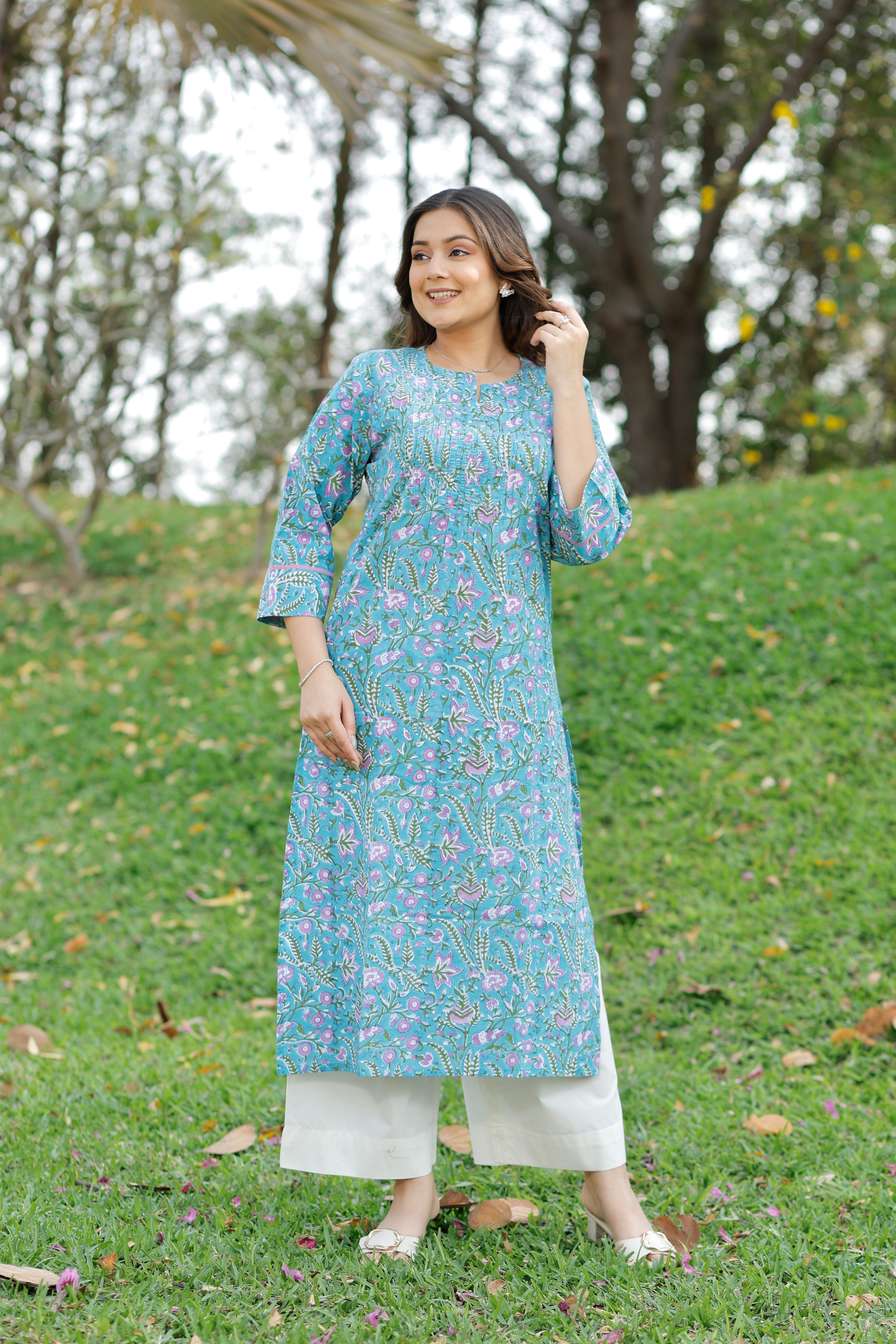 Aqua Bloom Hand Block Printed Cotton Kurta