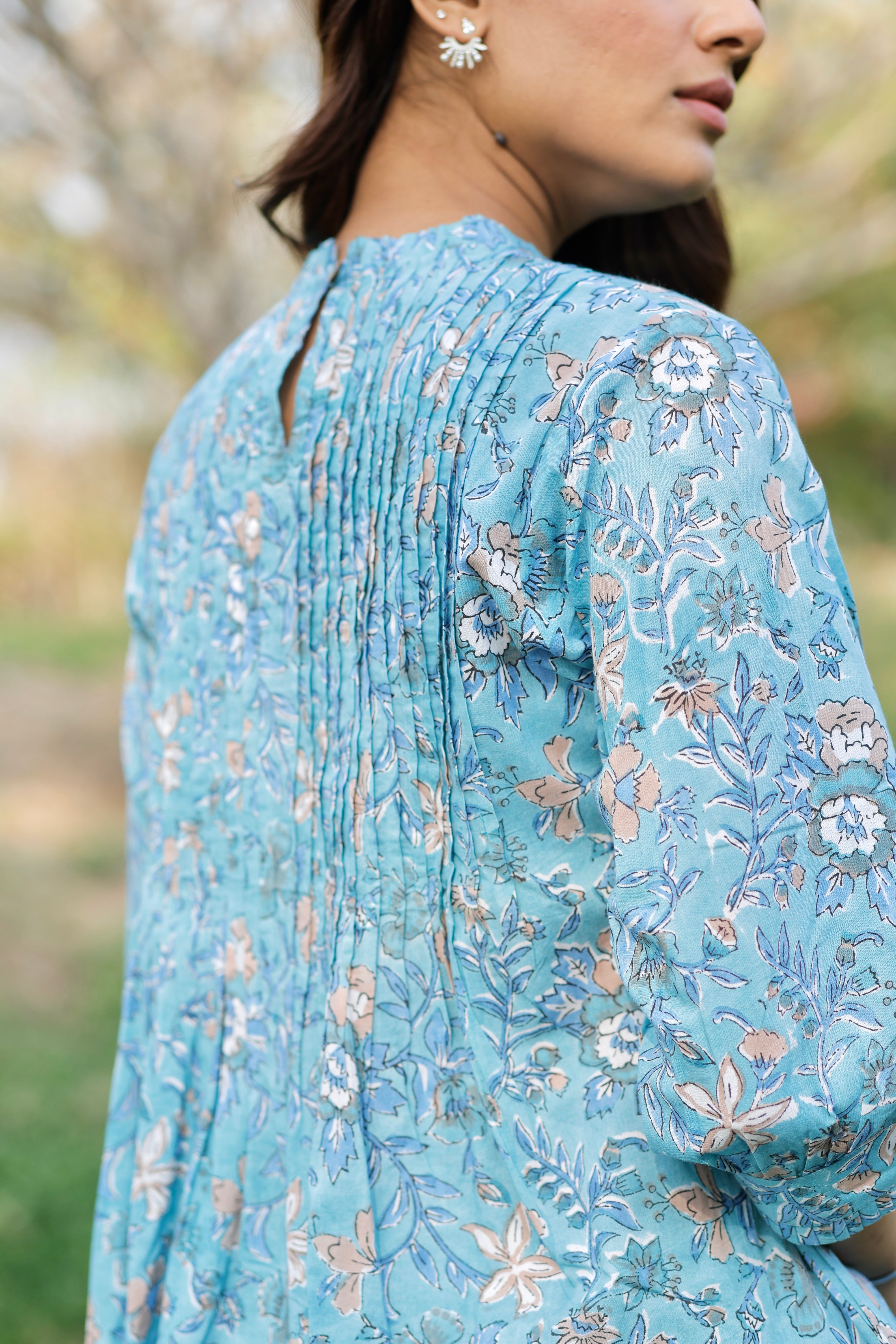 Aqua Blooming Hand Block Printed Cotton Kurta