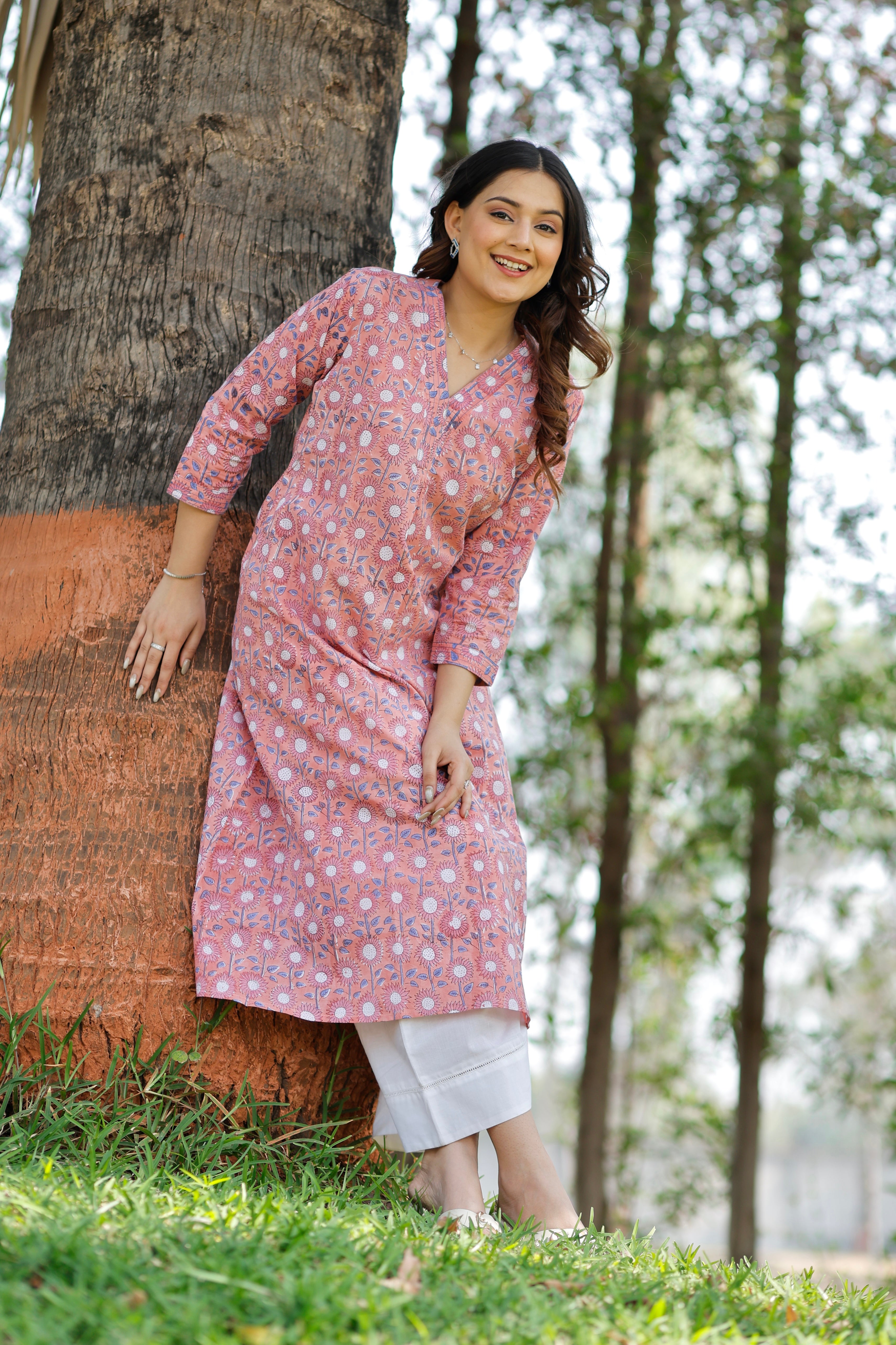 Coral Blush Hand Block Printed Cotton Kurta