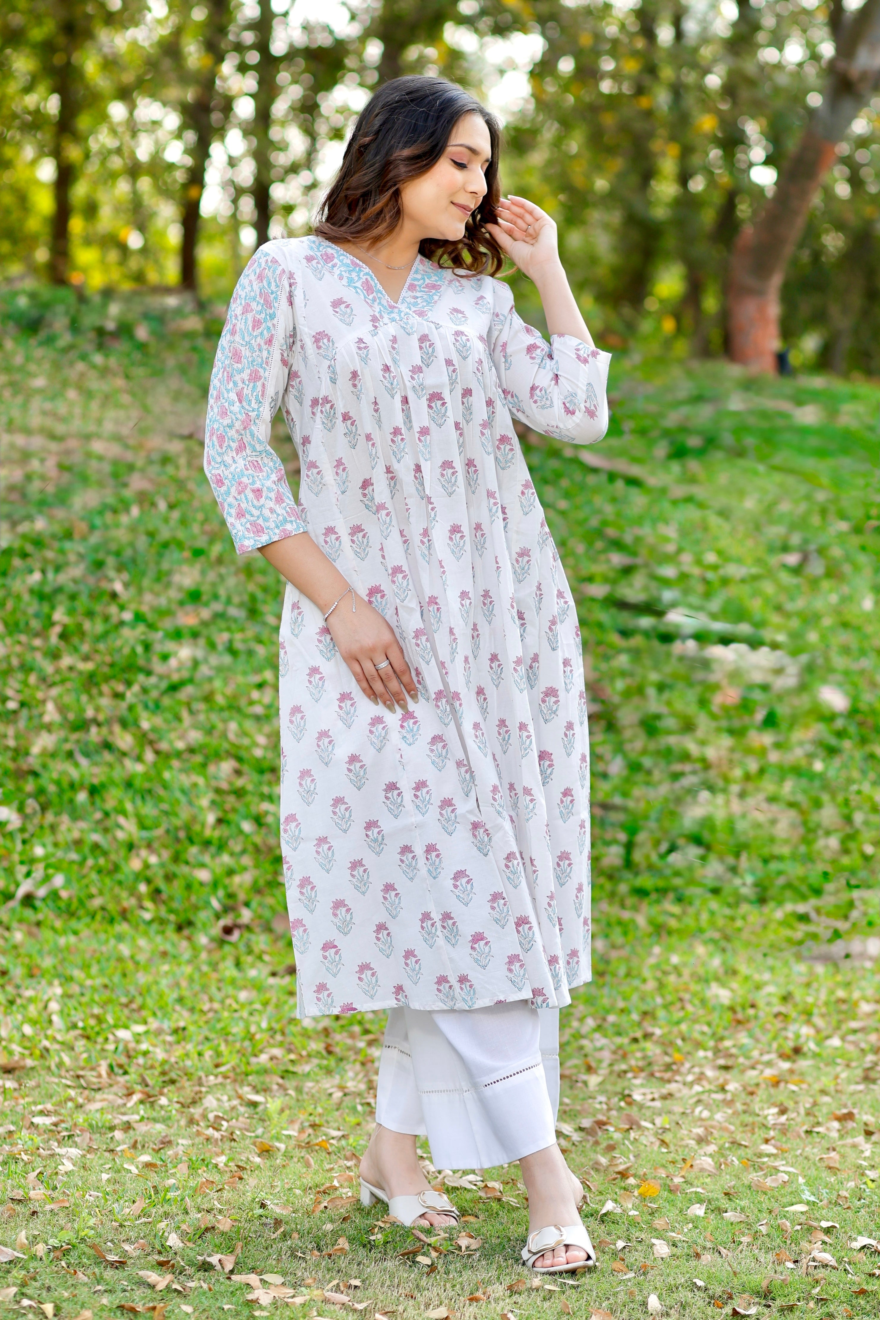 White Bloom Floral Hand Block Printed Cotton Kurta