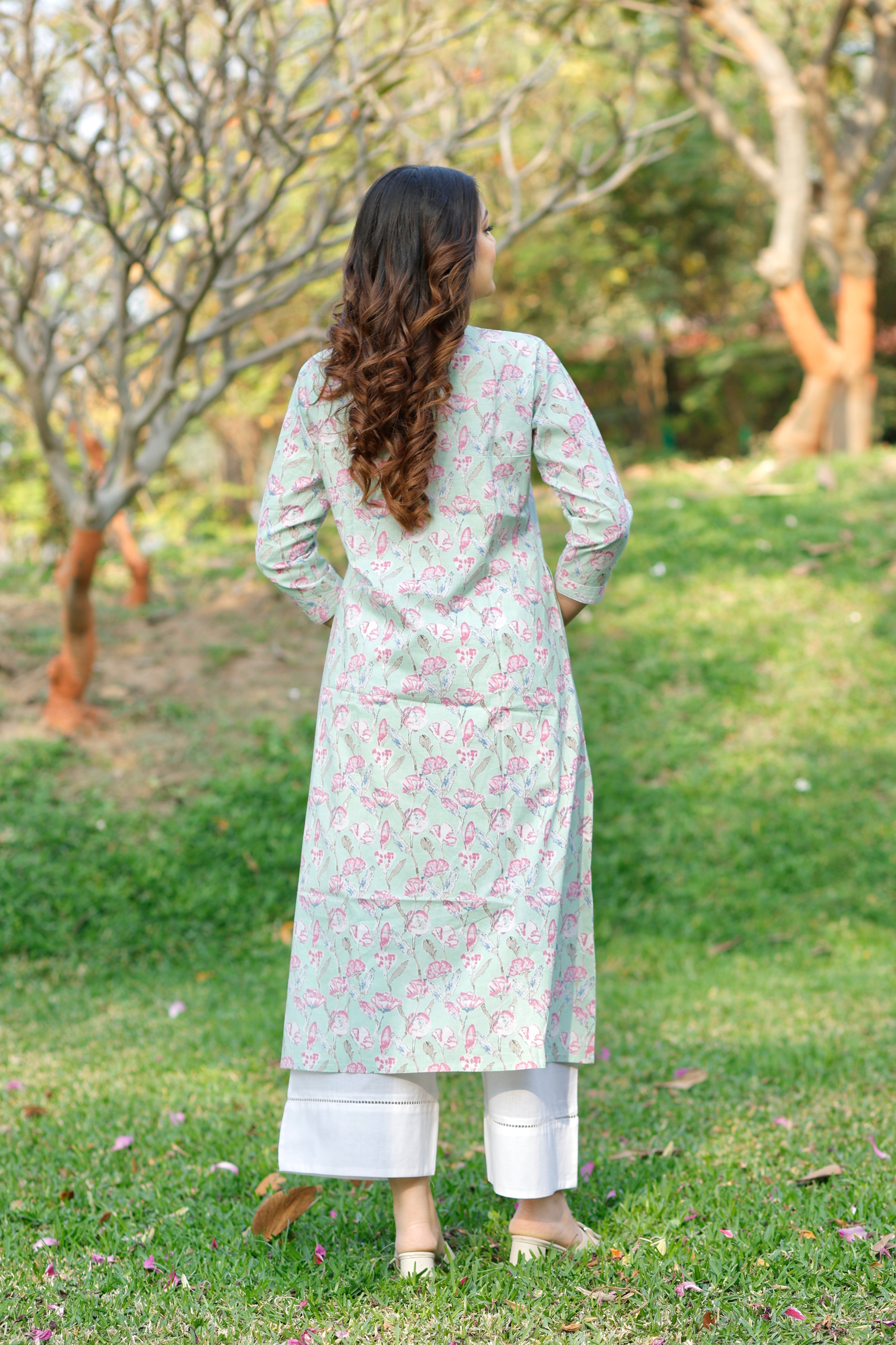 Mint Blossom Printed Cotton Kurta