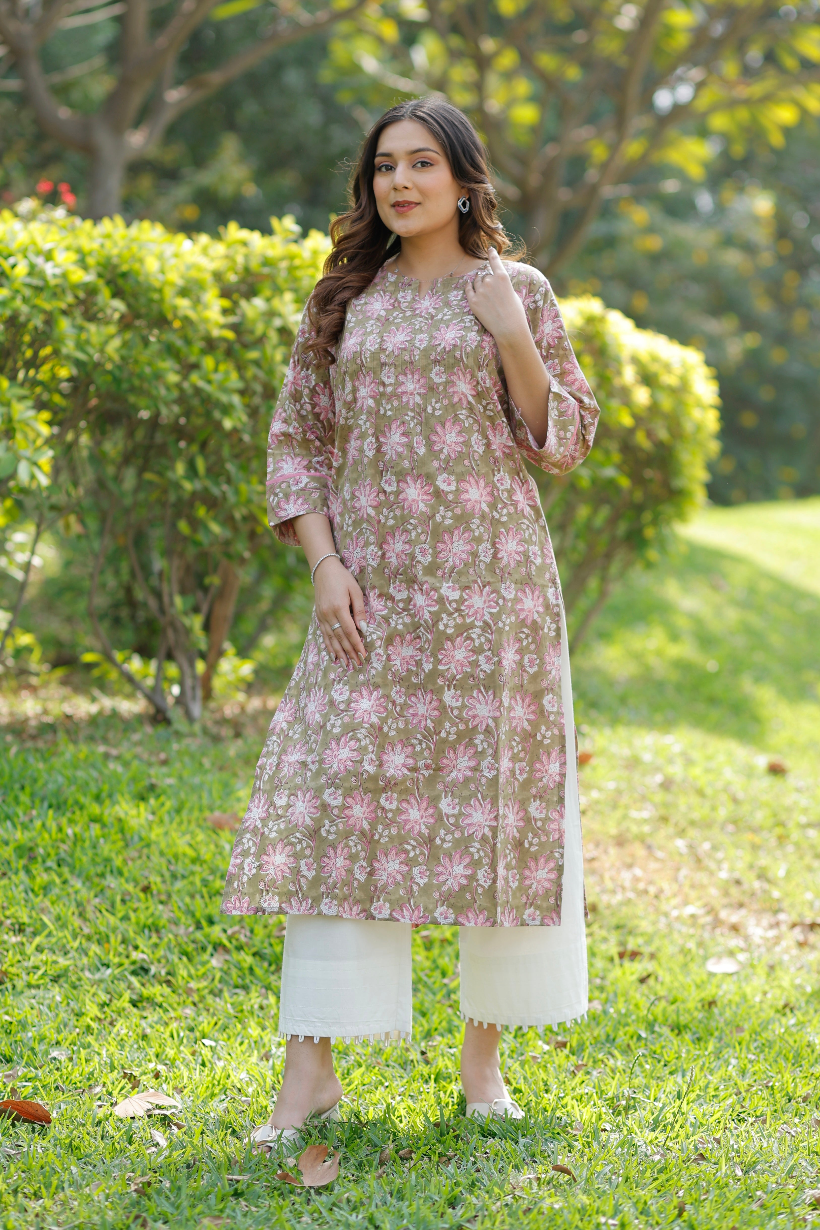 Olive Blush Hand Block Printed Cotton Kurta