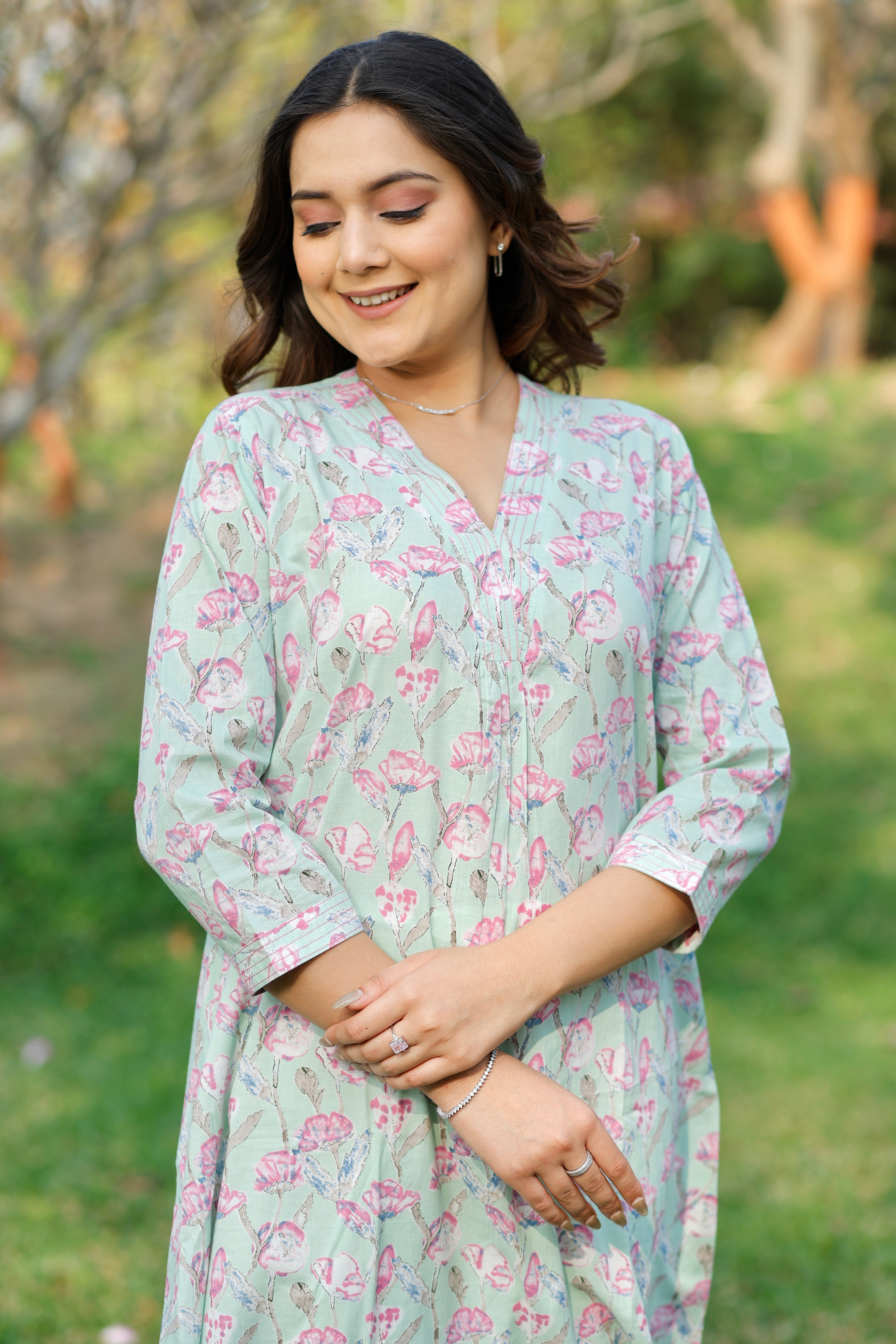 Mint Blossom Printed Cotton Kurta