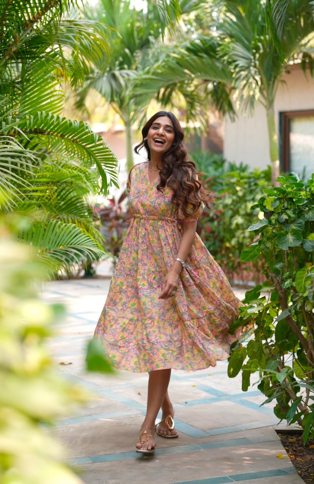 Blush Pink Hand Block Printed Cotton Midi Dress