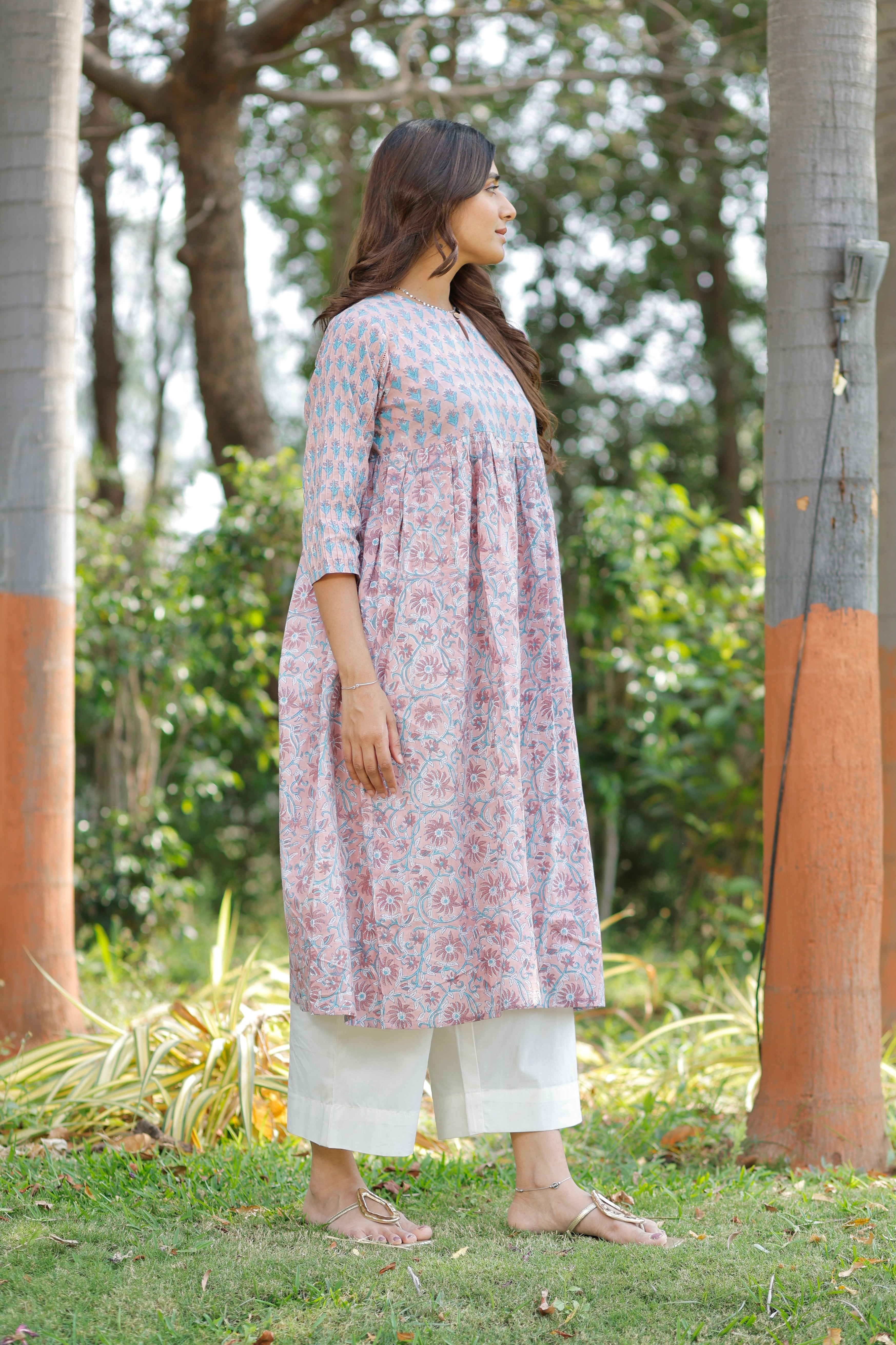 Pink Rose Petal Hand Block Printed Cotton Kurta