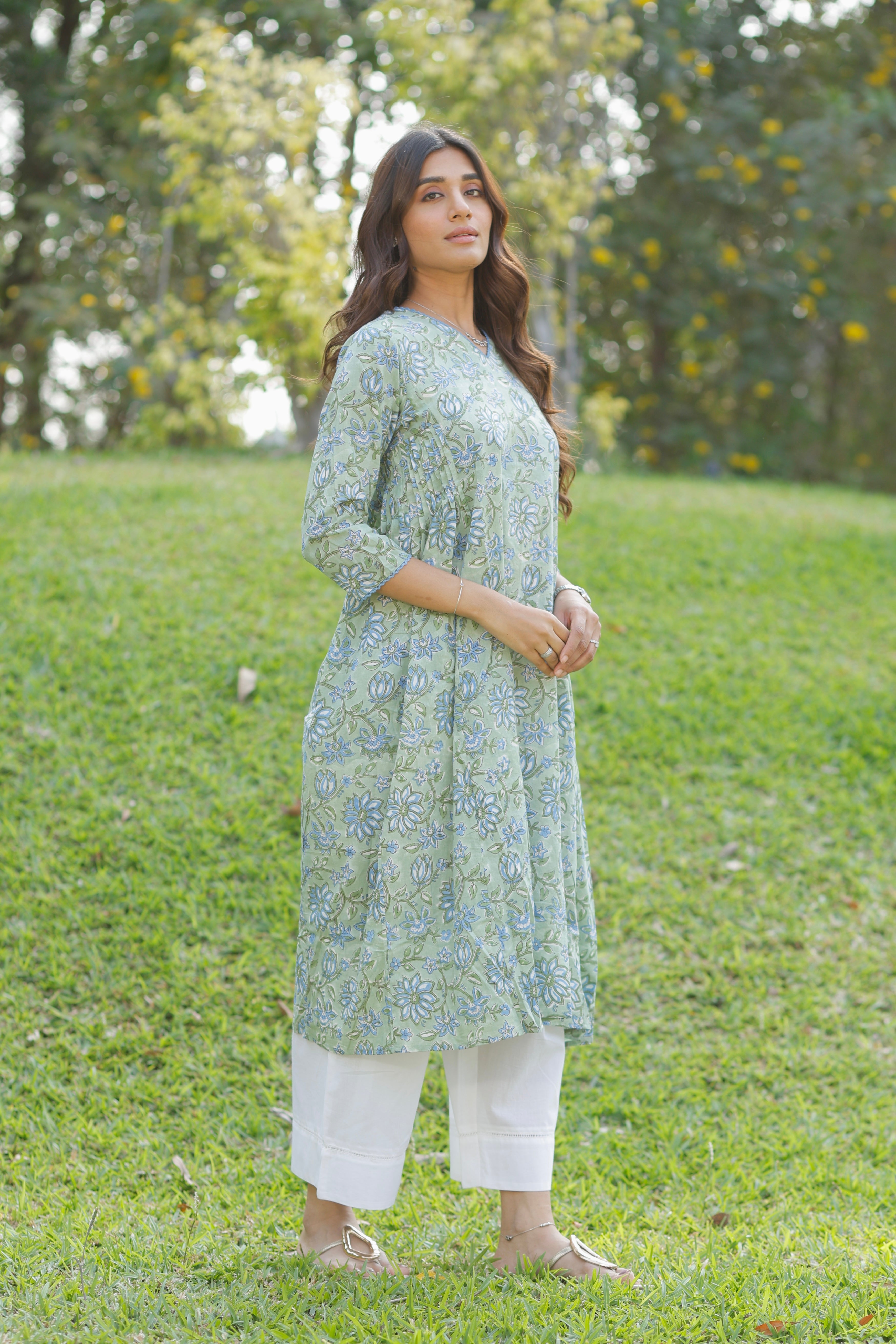 Mint Green Hand Block Printed Cotton Kurta