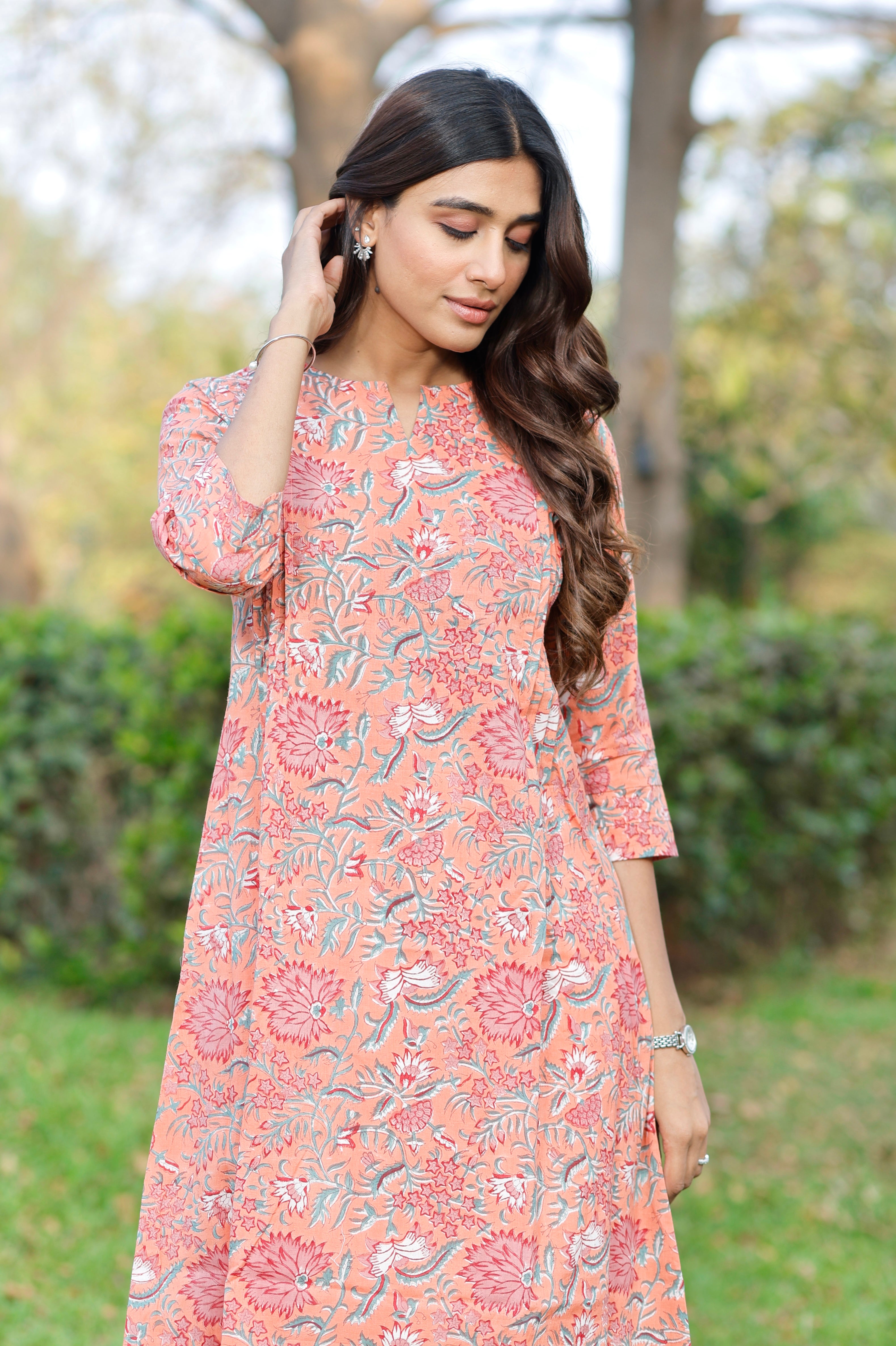 Blush Coral Hand Block Printed Cotton Kurta