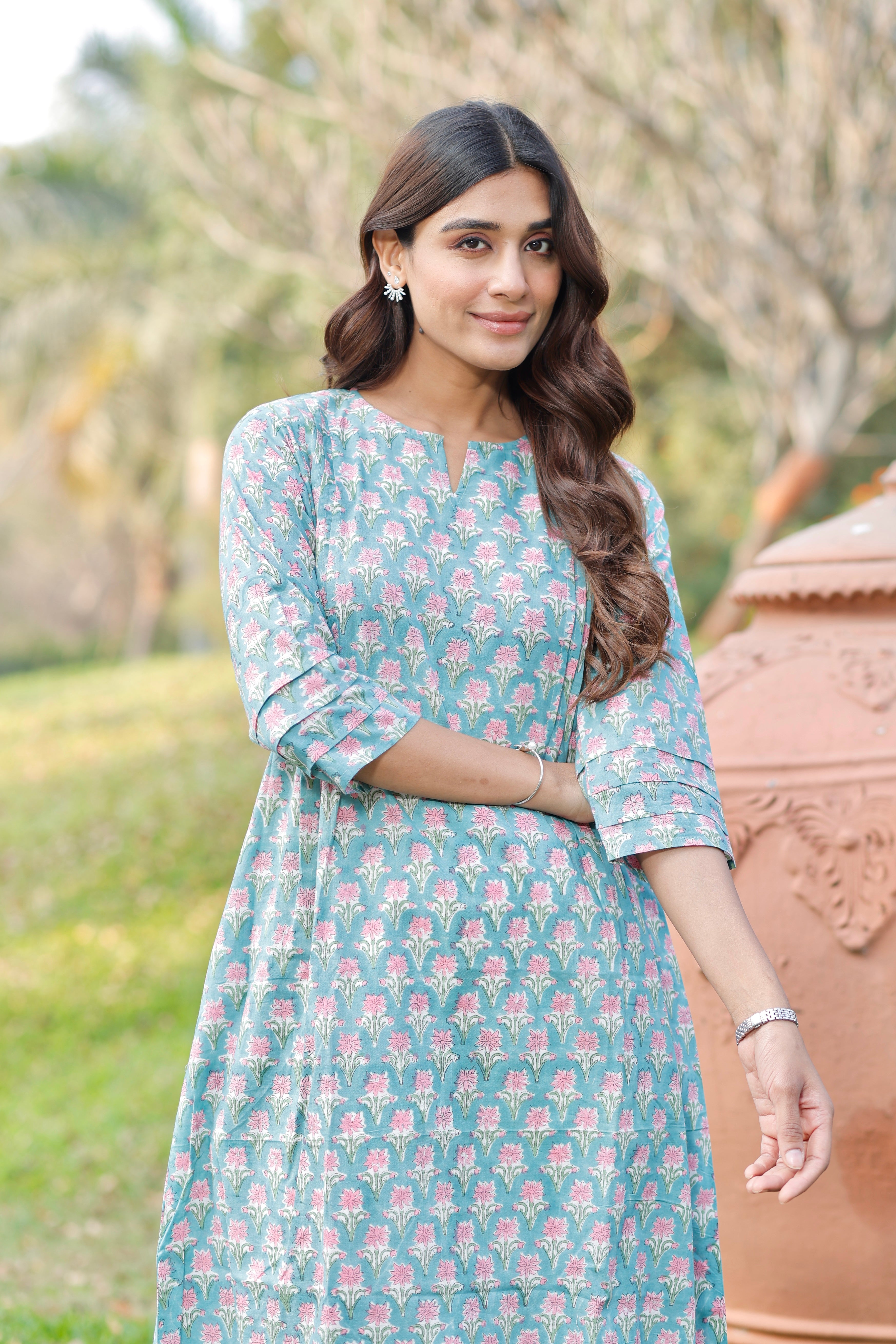 Soft Aqua blue Hand Block Printed Cotton Kurta