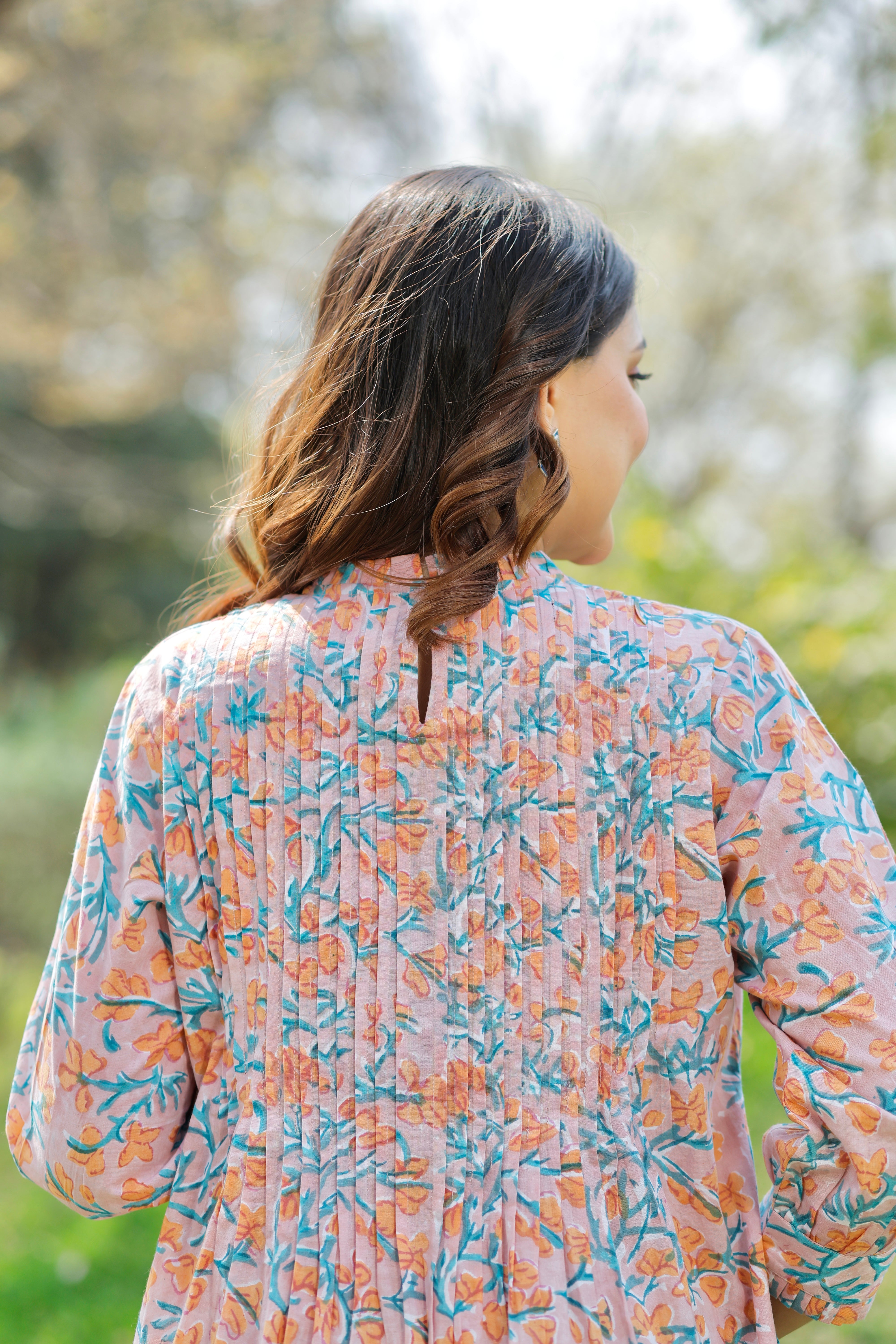 Bloom Peach Hand Block Printed Cotton Kurta