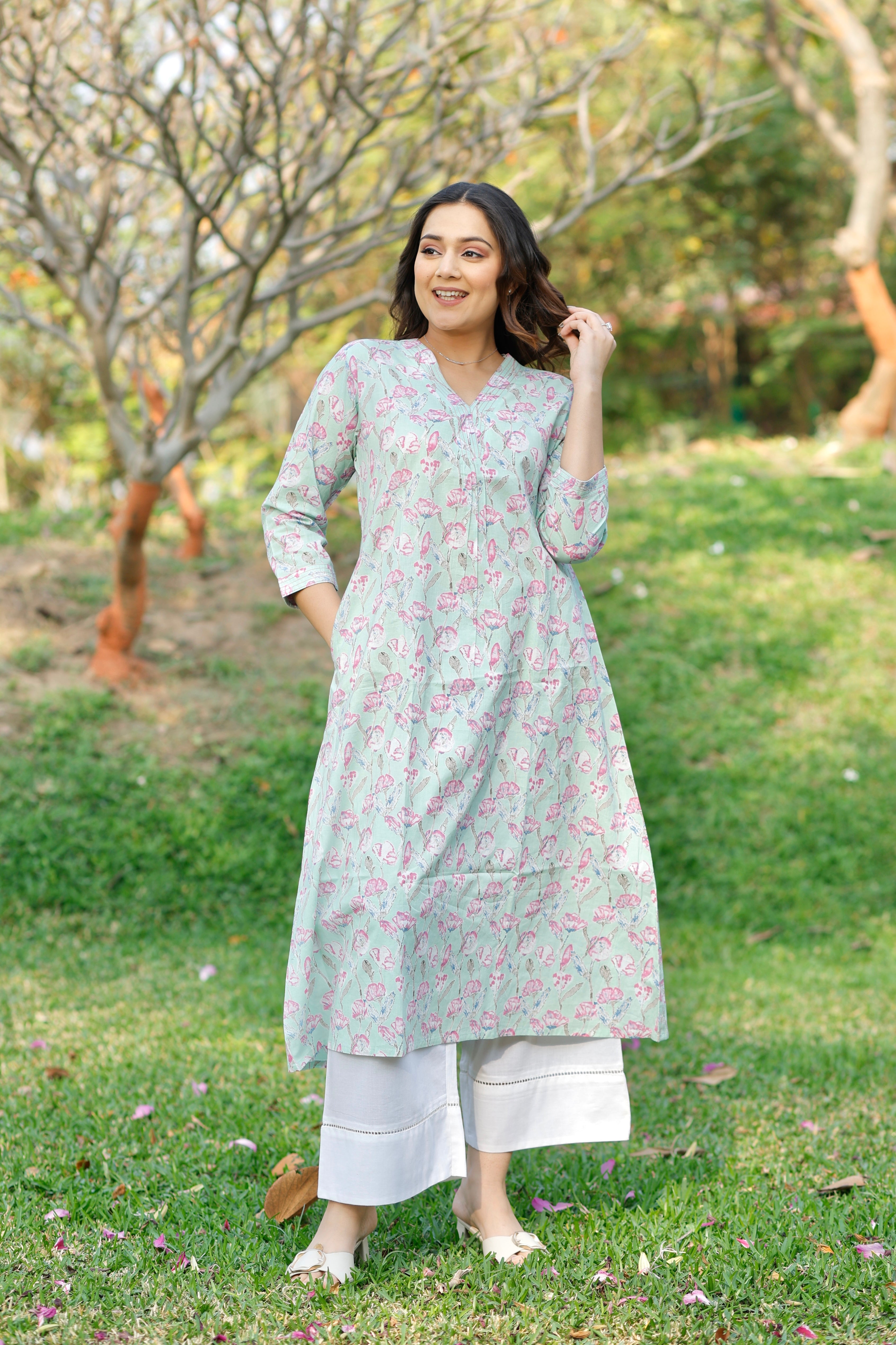 Mint Blossom Printed Cotton Kurta
