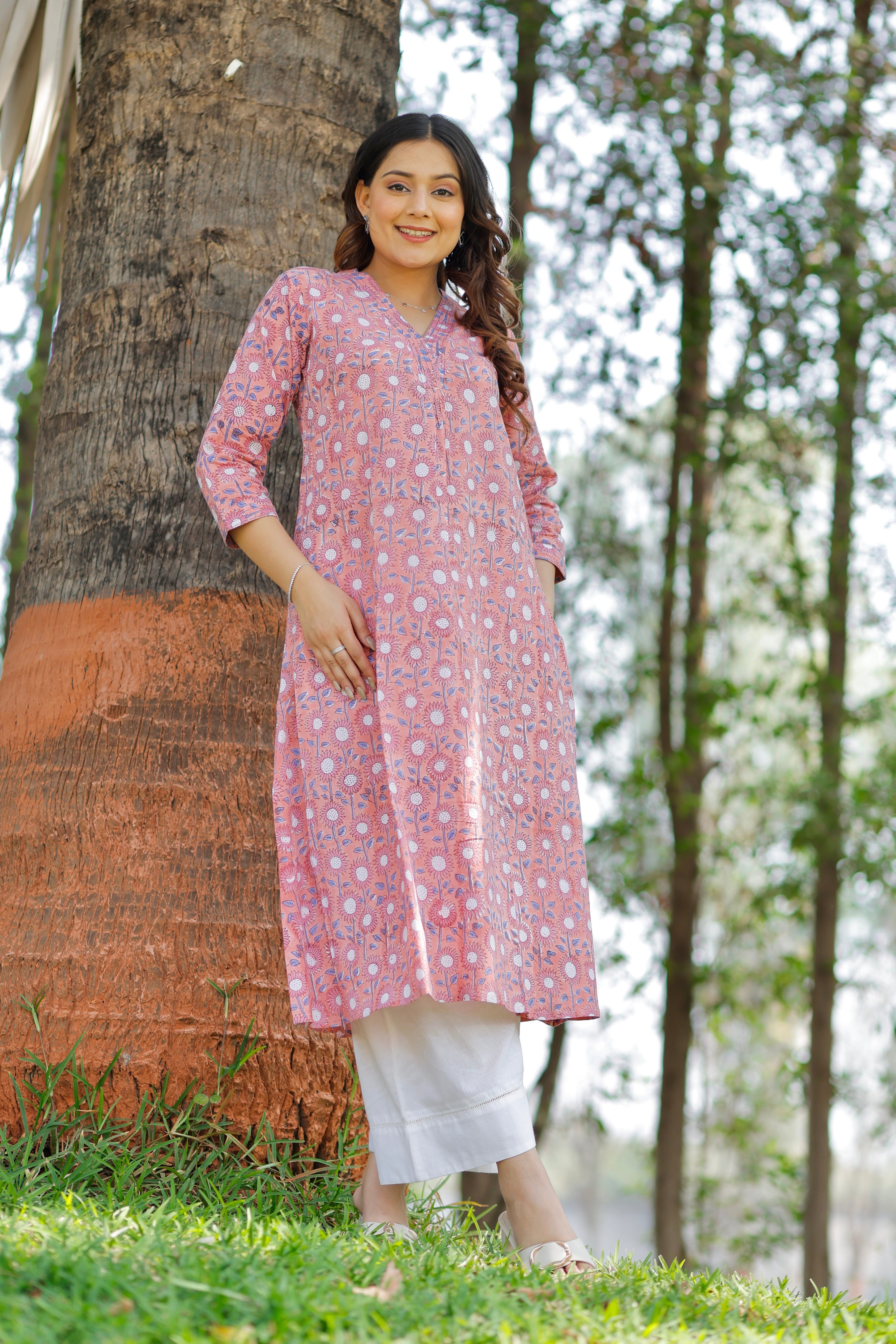 Coral Blush Hand Block Printed Cotton Kurta