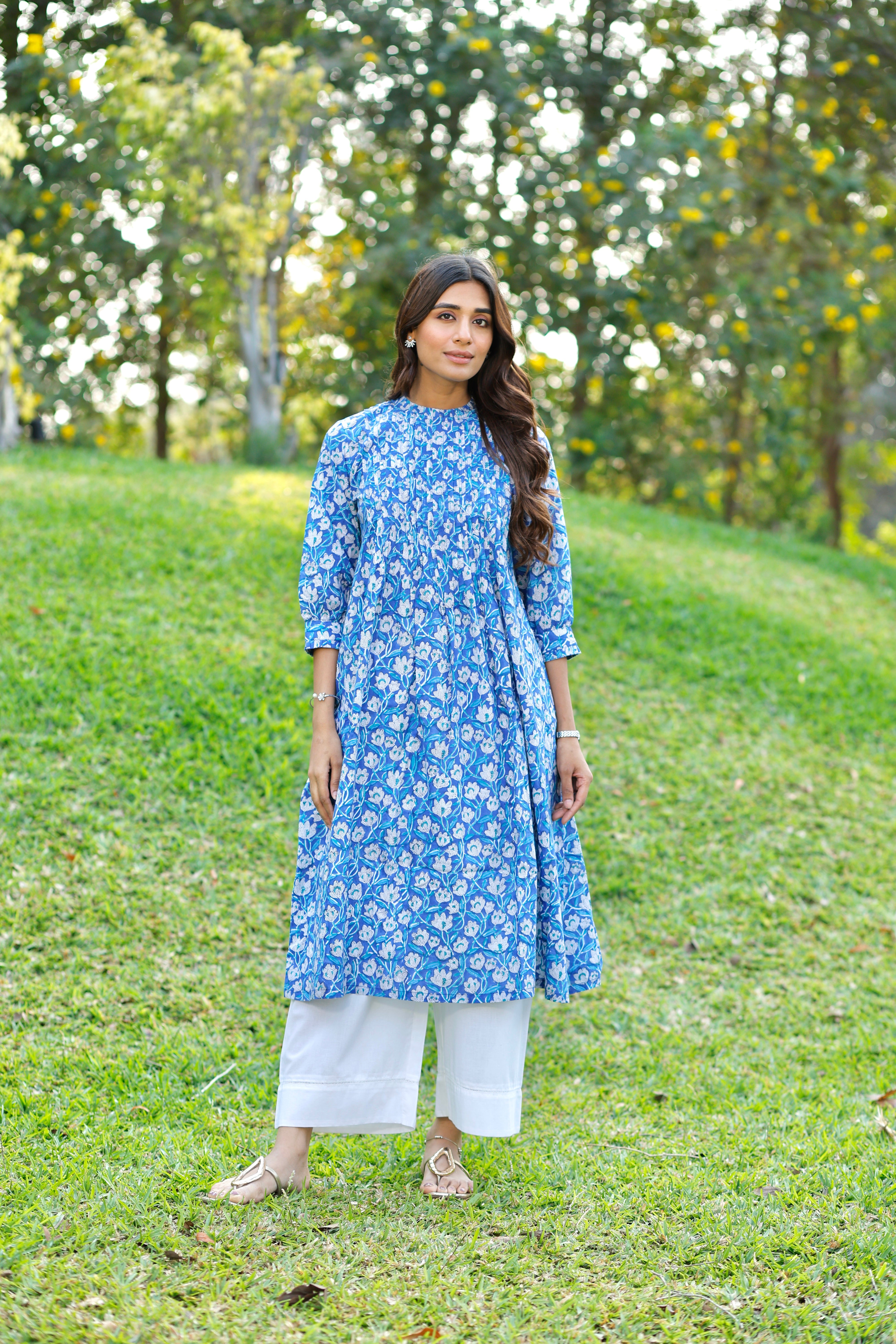 Blooming Blue Hand Block Printed Cotton Kurta