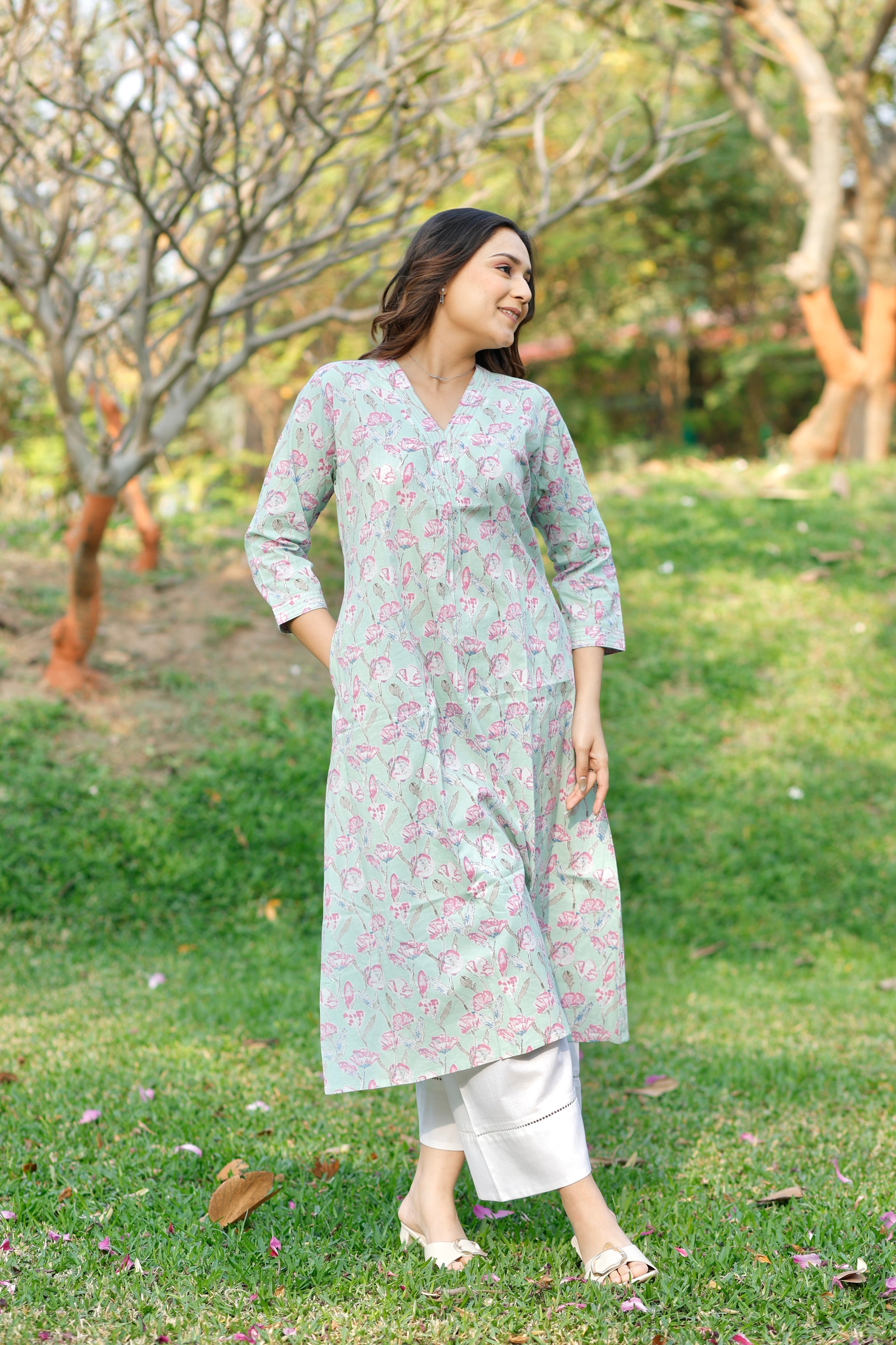 Mint Blossom Printed Cotton Kurta