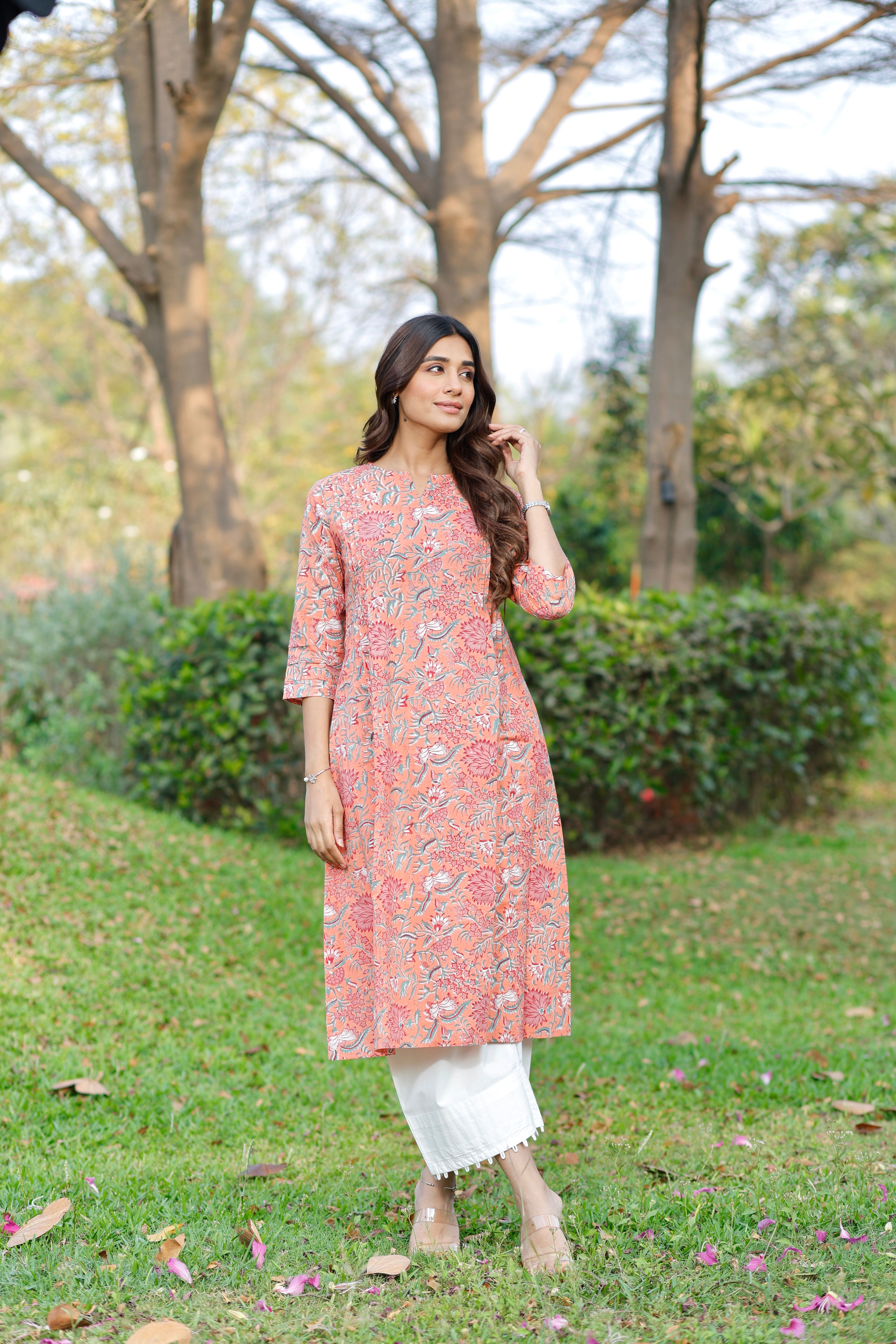 Blush Coral Hand Block Printed Cotton Kurta