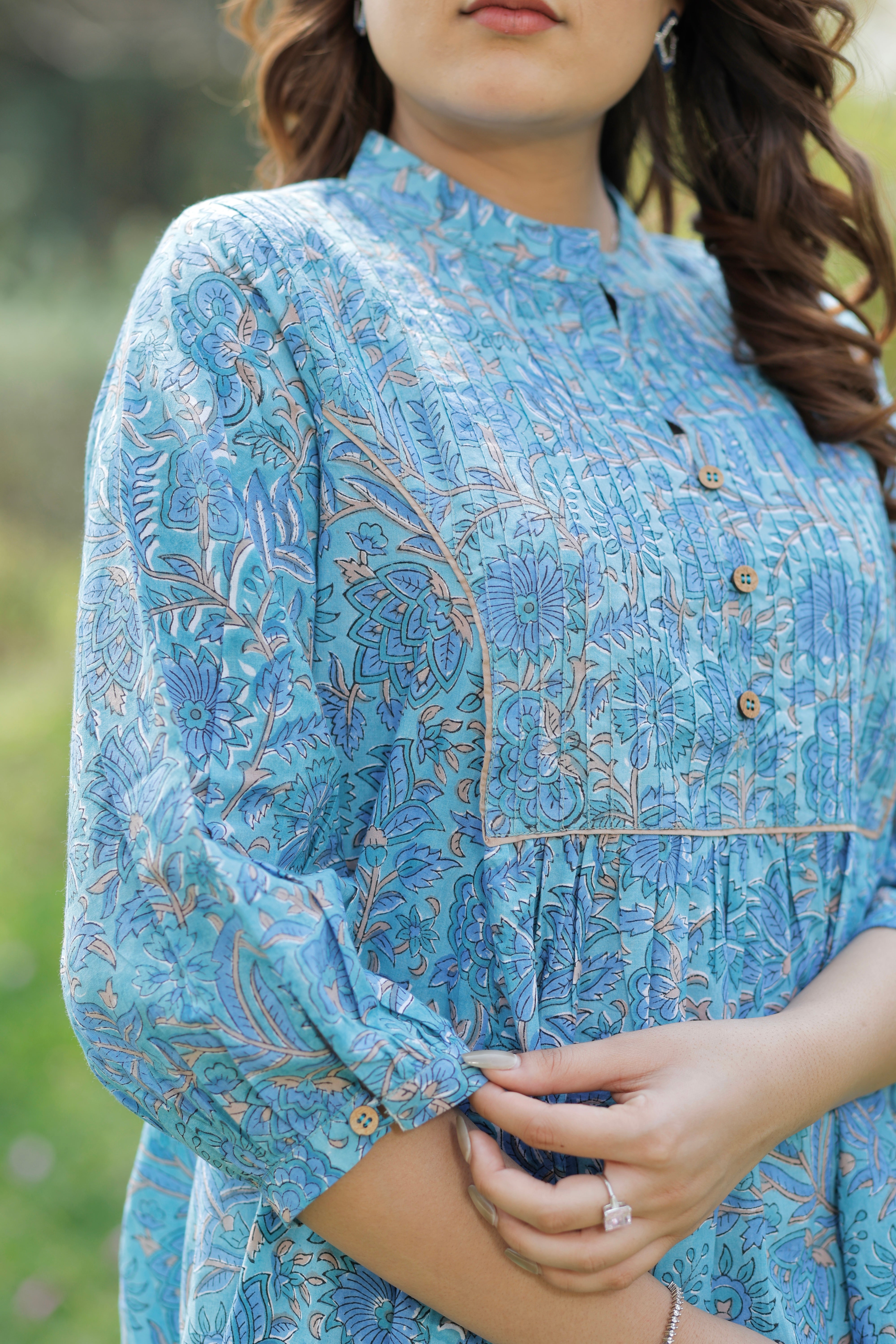 Aqua Blue Bloom Hand Block Printed Cotton Kurta