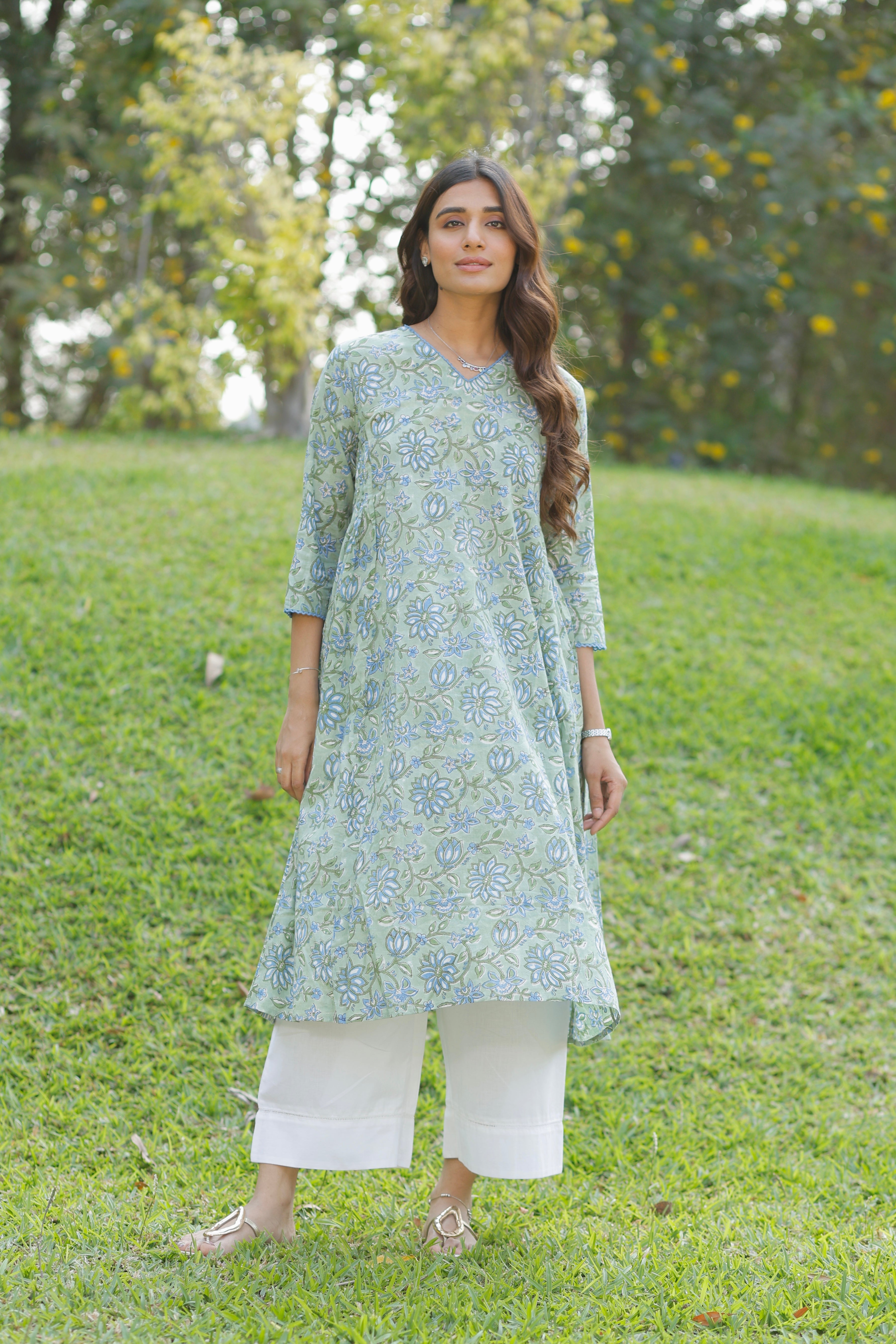 Mint Green Hand Block Printed Cotton Kurta