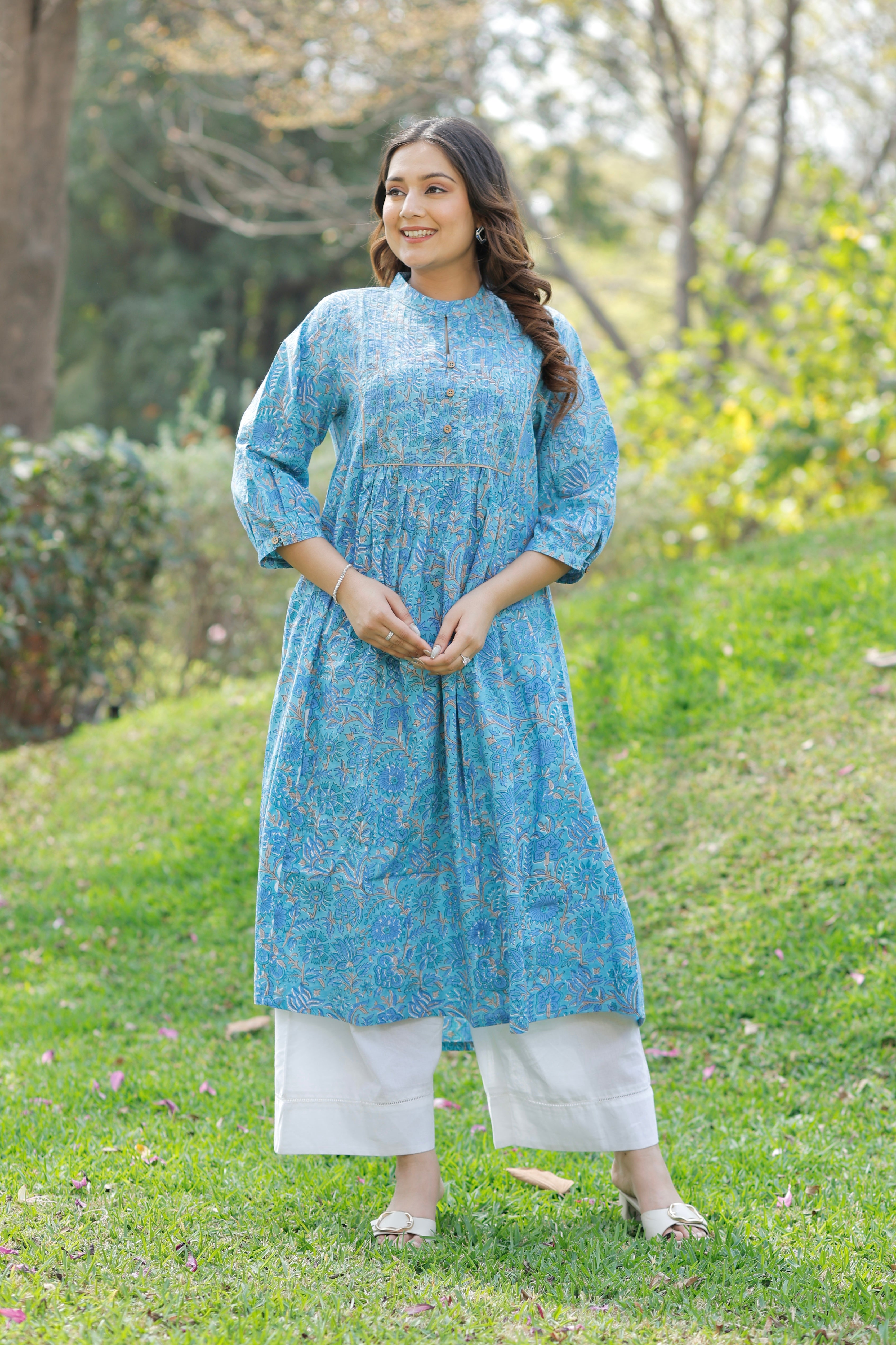 Aqua Blue Bloom Hand Block Printed Cotton Kurta