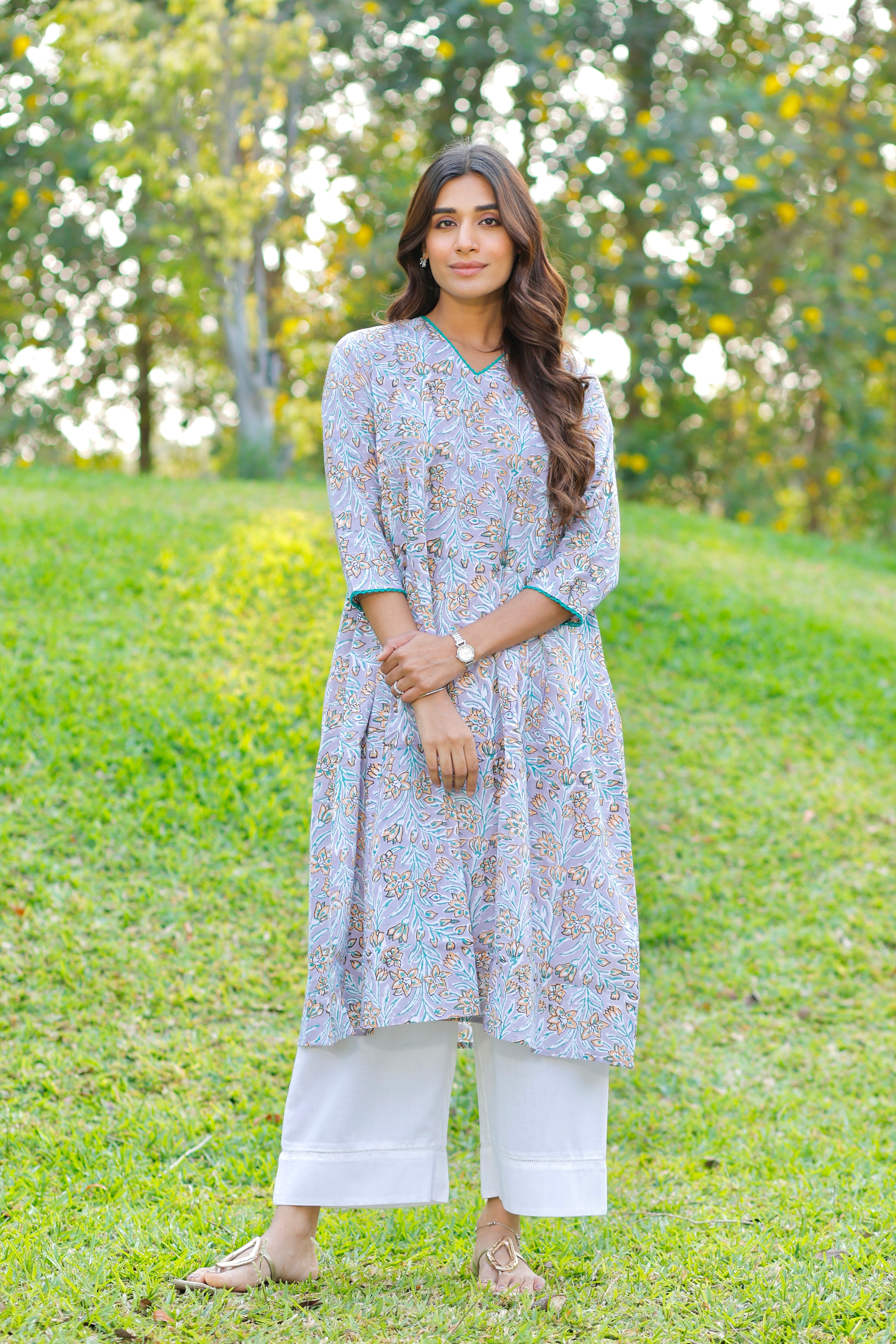 Lavender Love Hand Block Printed Cotton Kurta