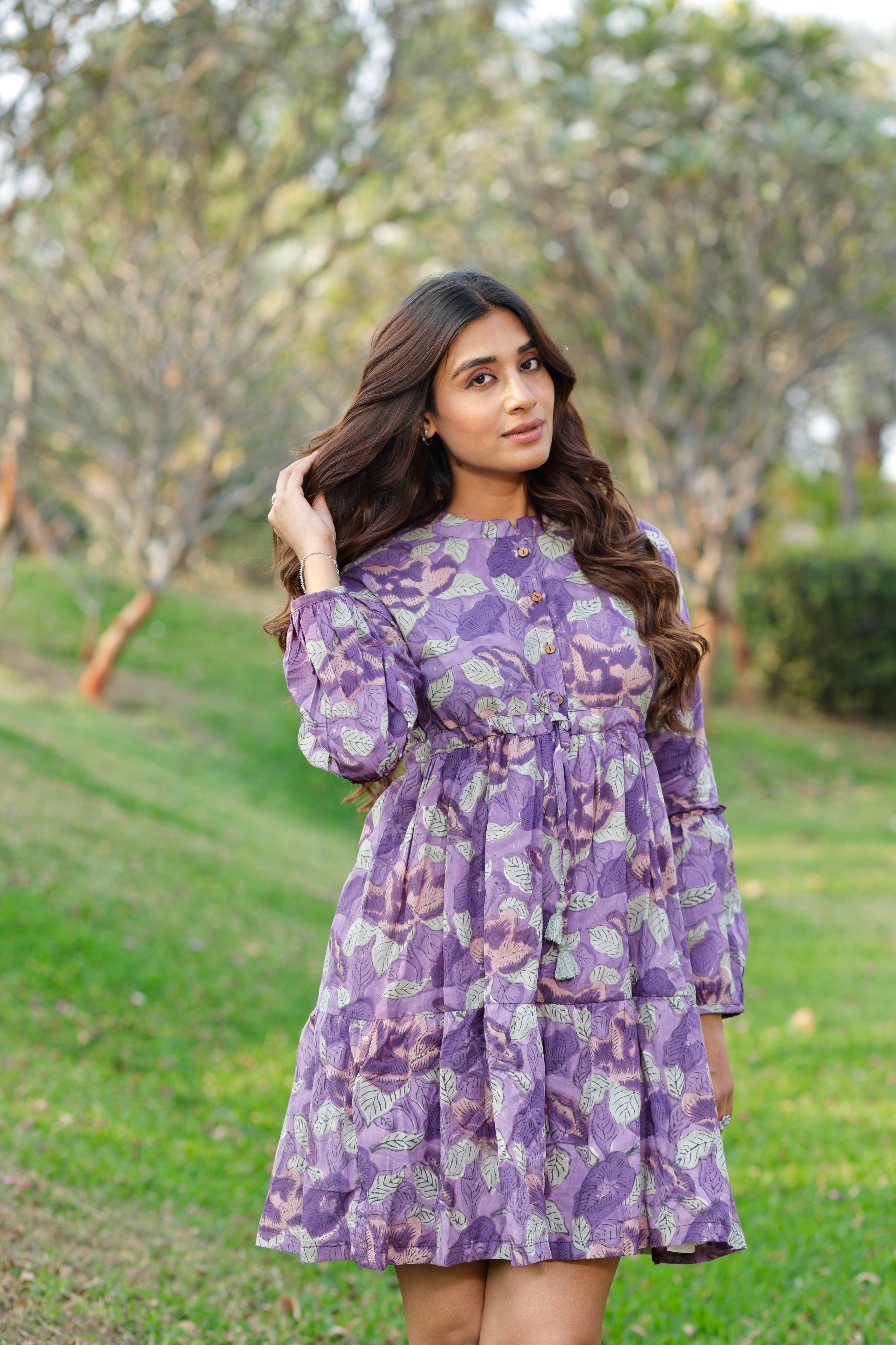 Midnight Purple Hand Block Printed Cotton Short Dress