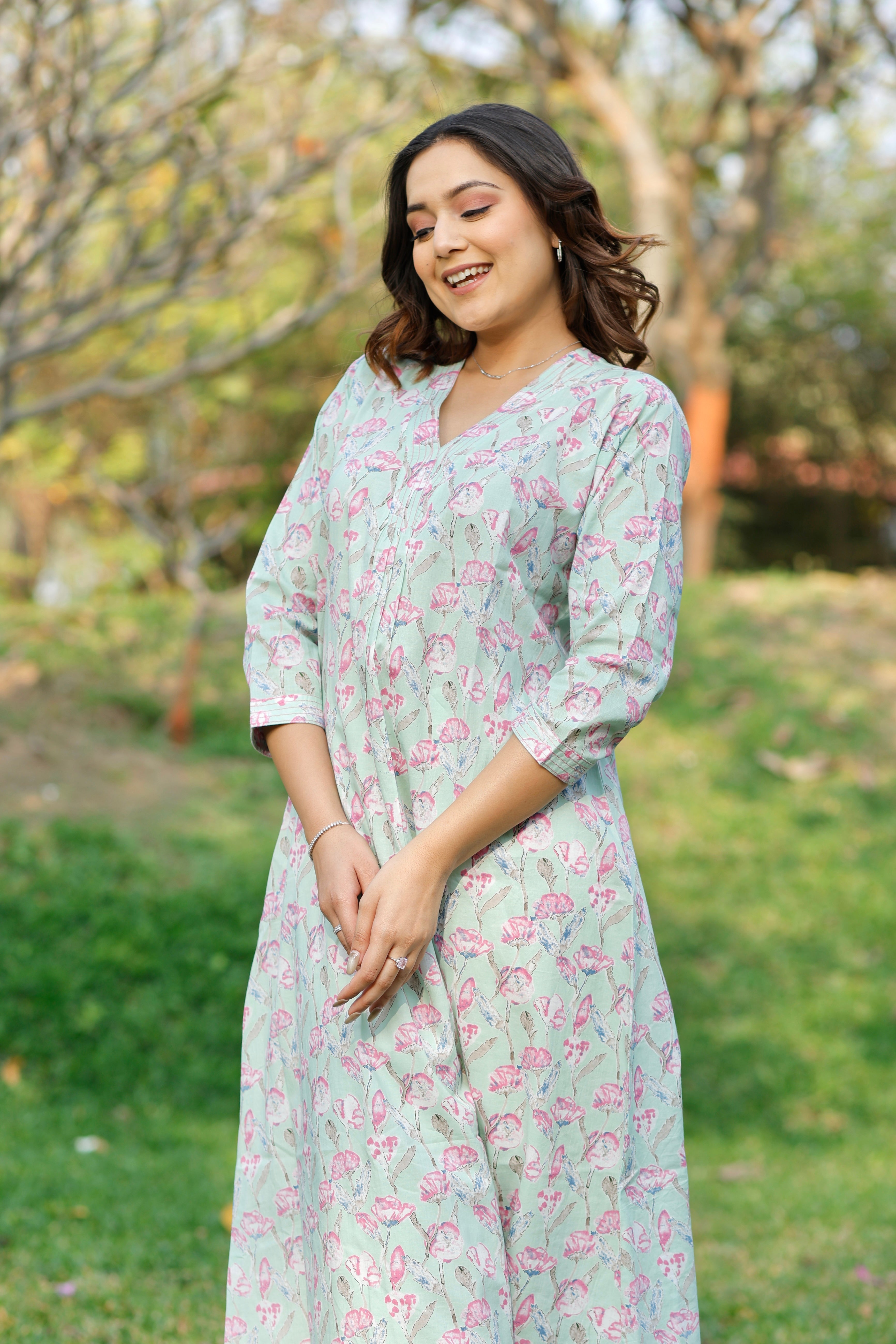 Mint Blossom Printed Cotton Kurta