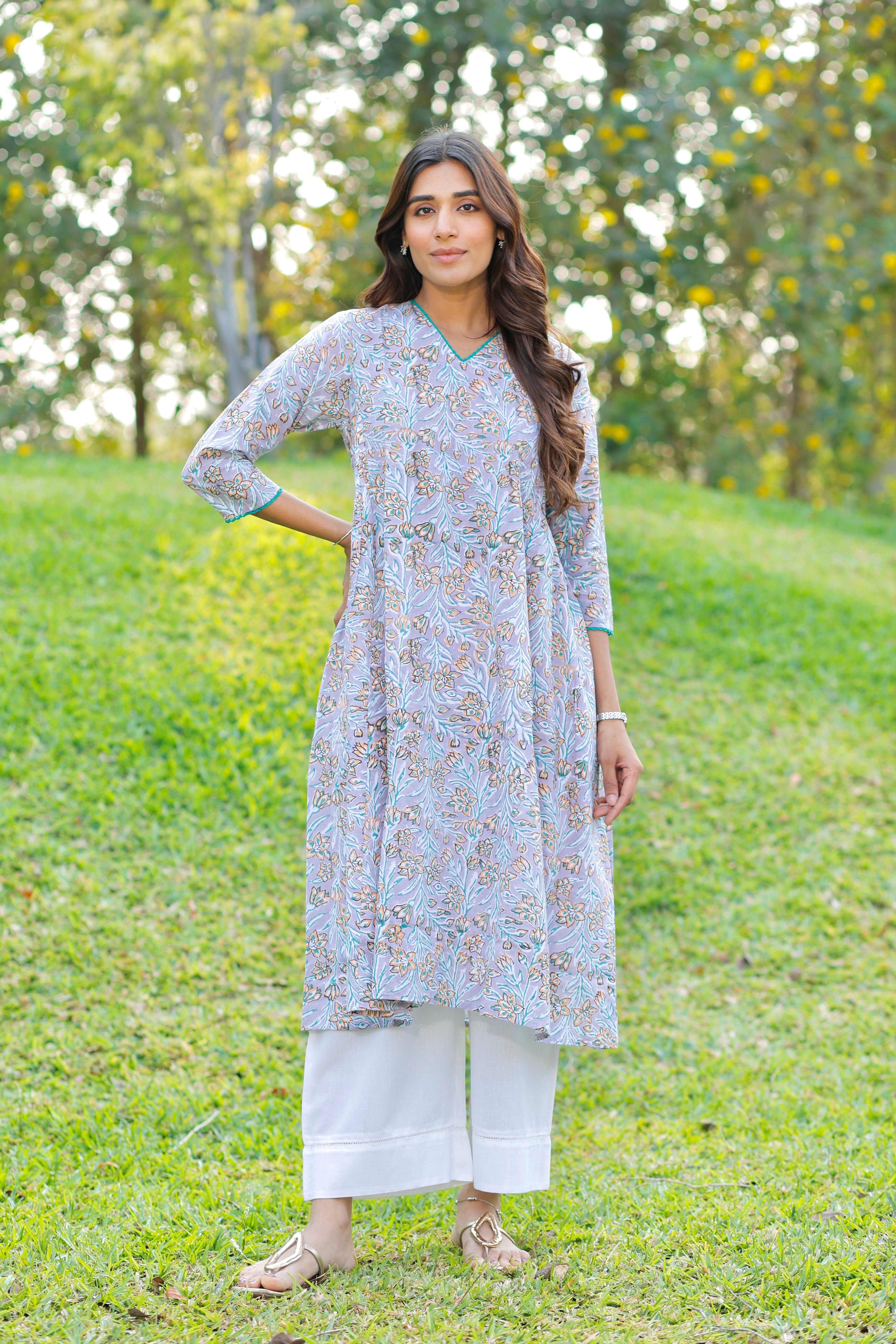Lavender Love Hand Block Printed Cotton Kurta
