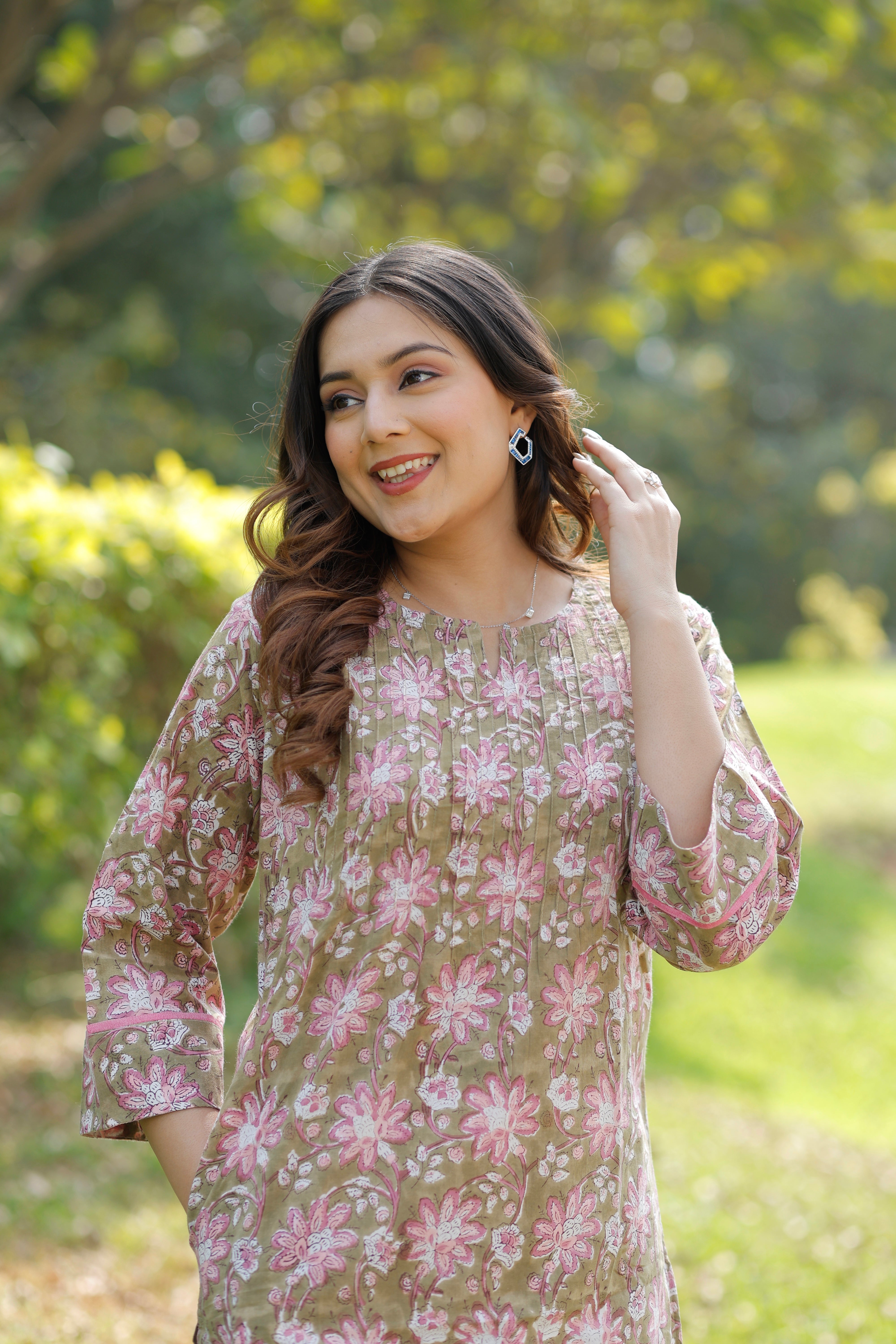 Olive Blush Hand Block Printed Cotton Kurta