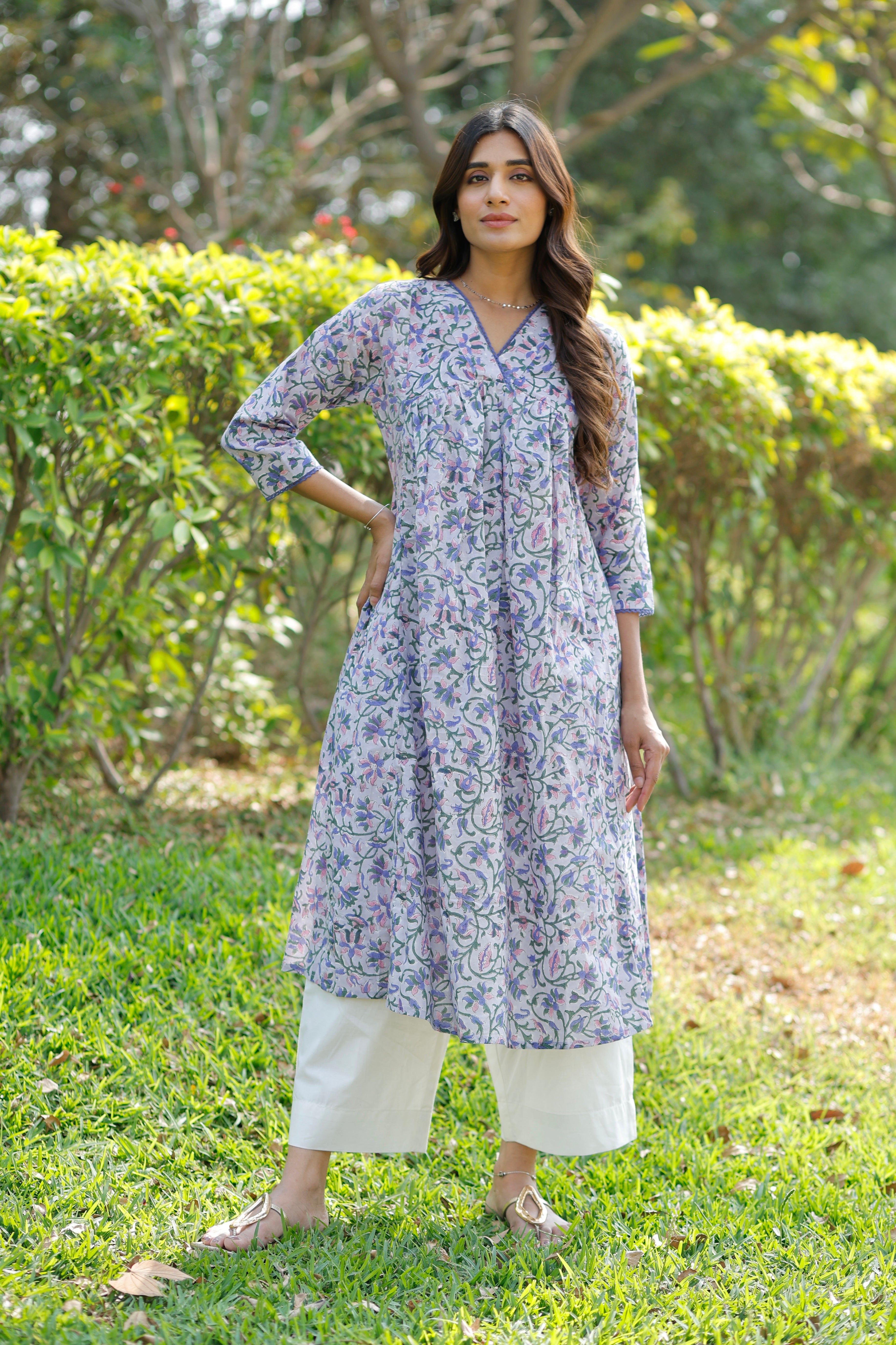 Blooming Lavender Hand Block Printed Cotton Kurta