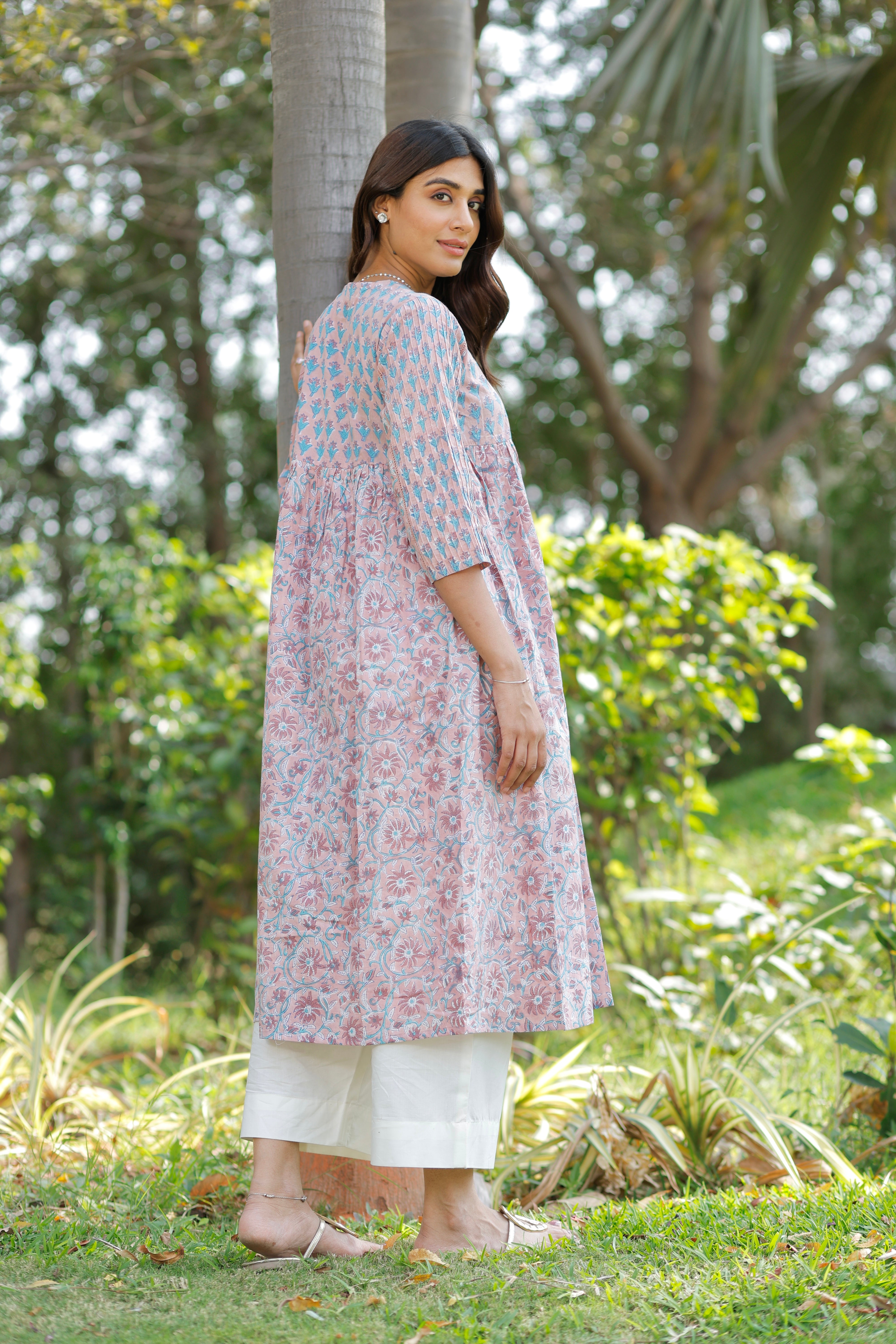 Pink Rose Petal Hand Block Printed Cotton Kurta