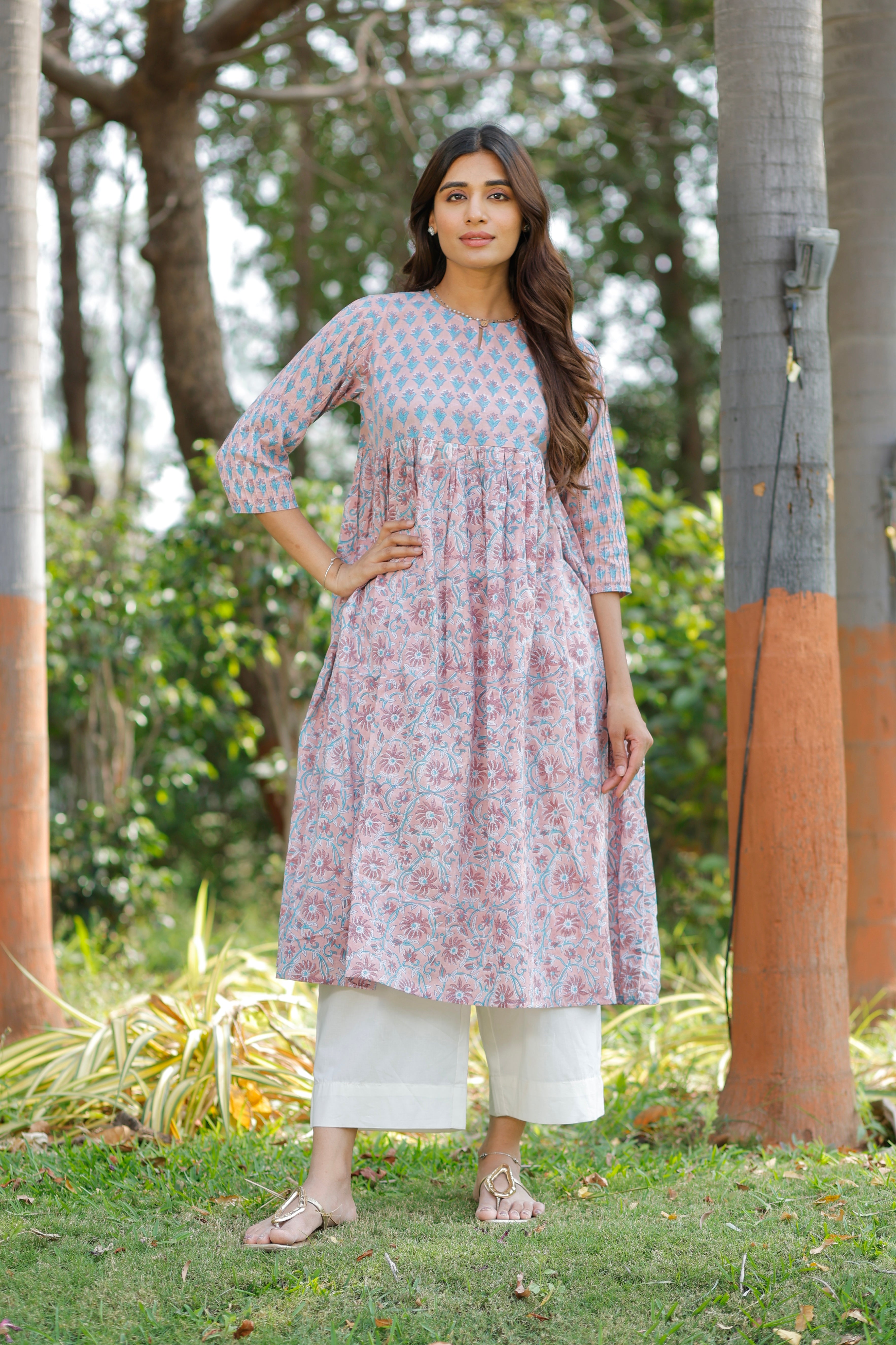 Pink Rose Petal Hand Block Printed Cotton Kurta