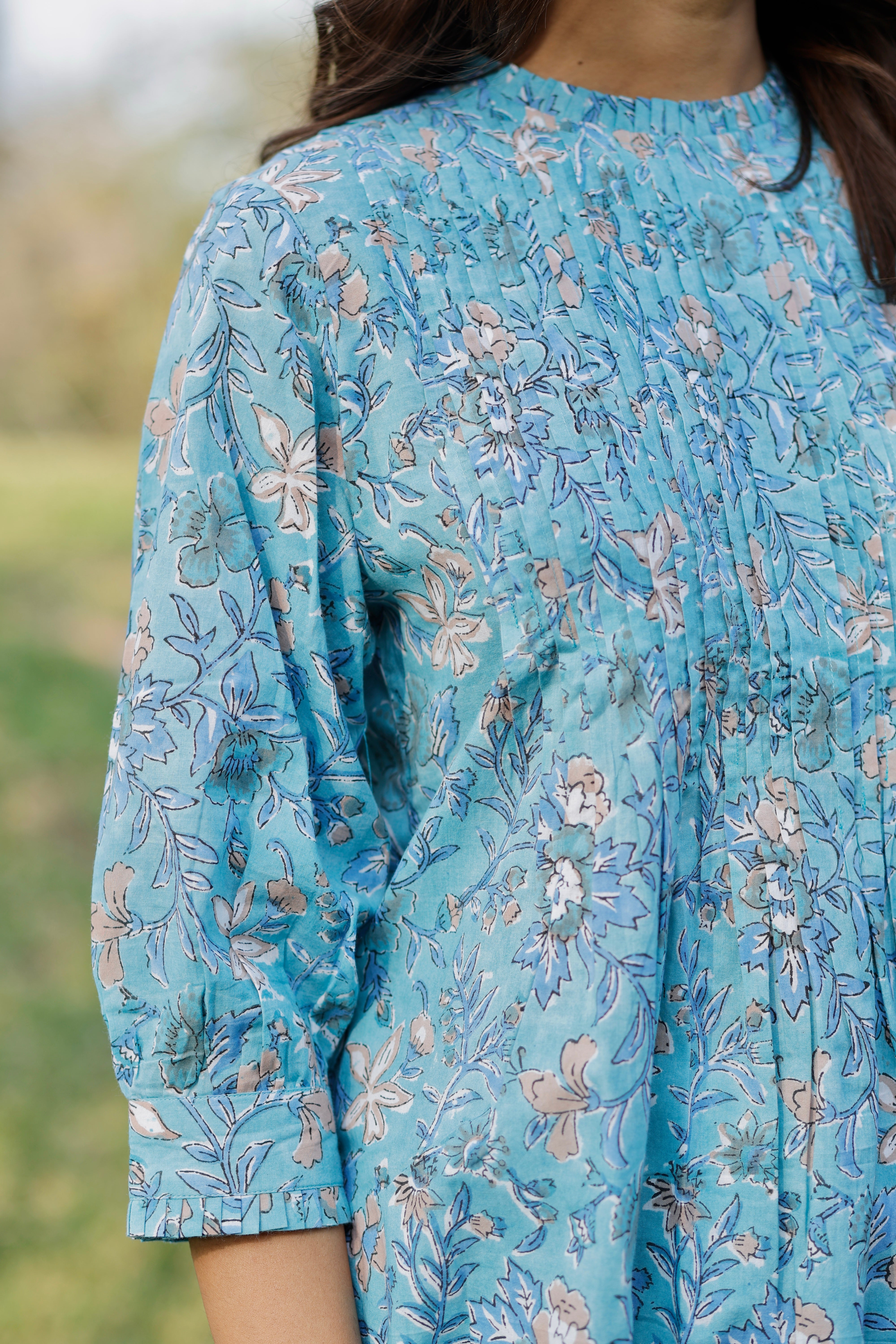 Aqua Blooming Hand Block Printed Cotton Kurta