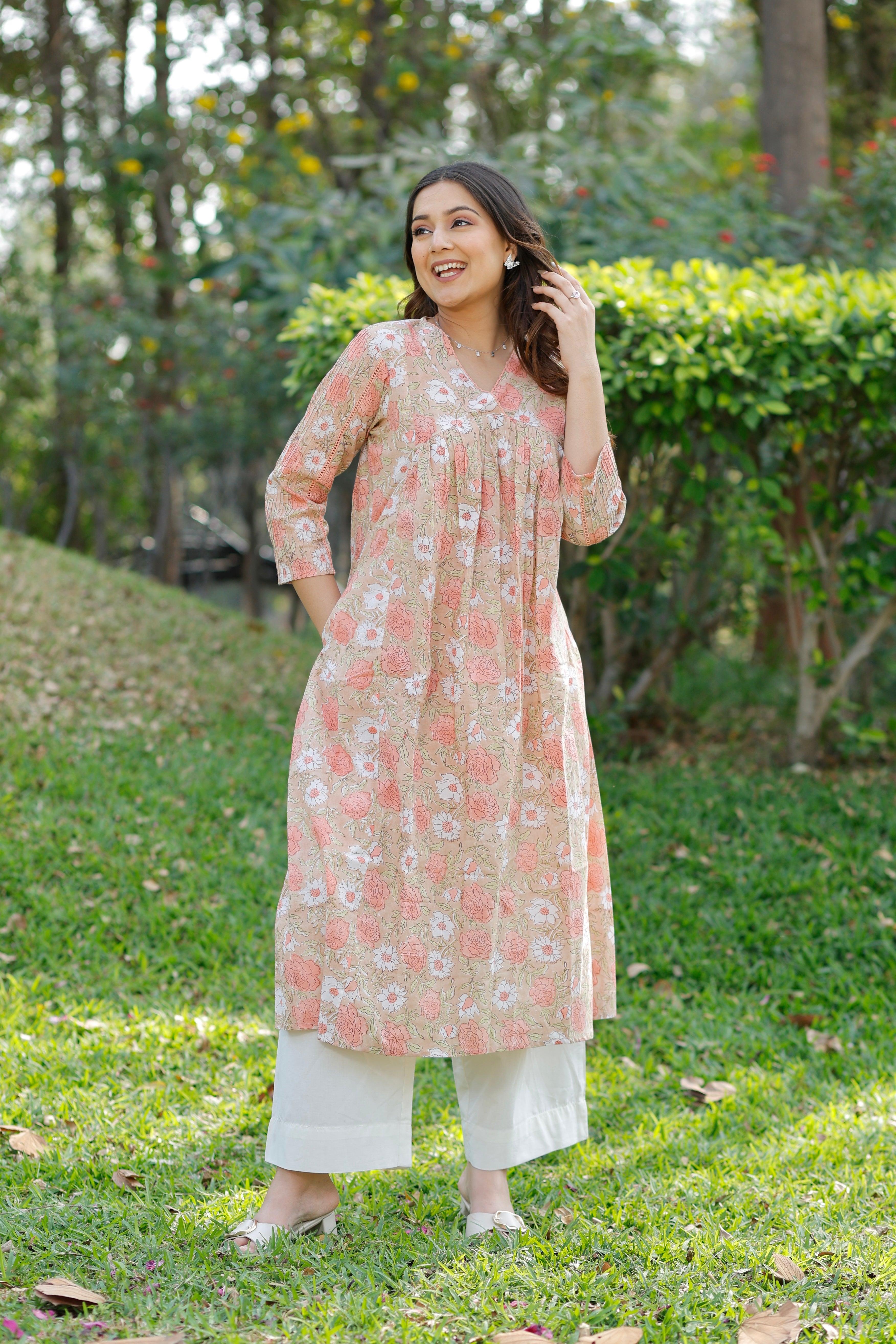 Soft Sand Hand Block Printed Cotton Kurta