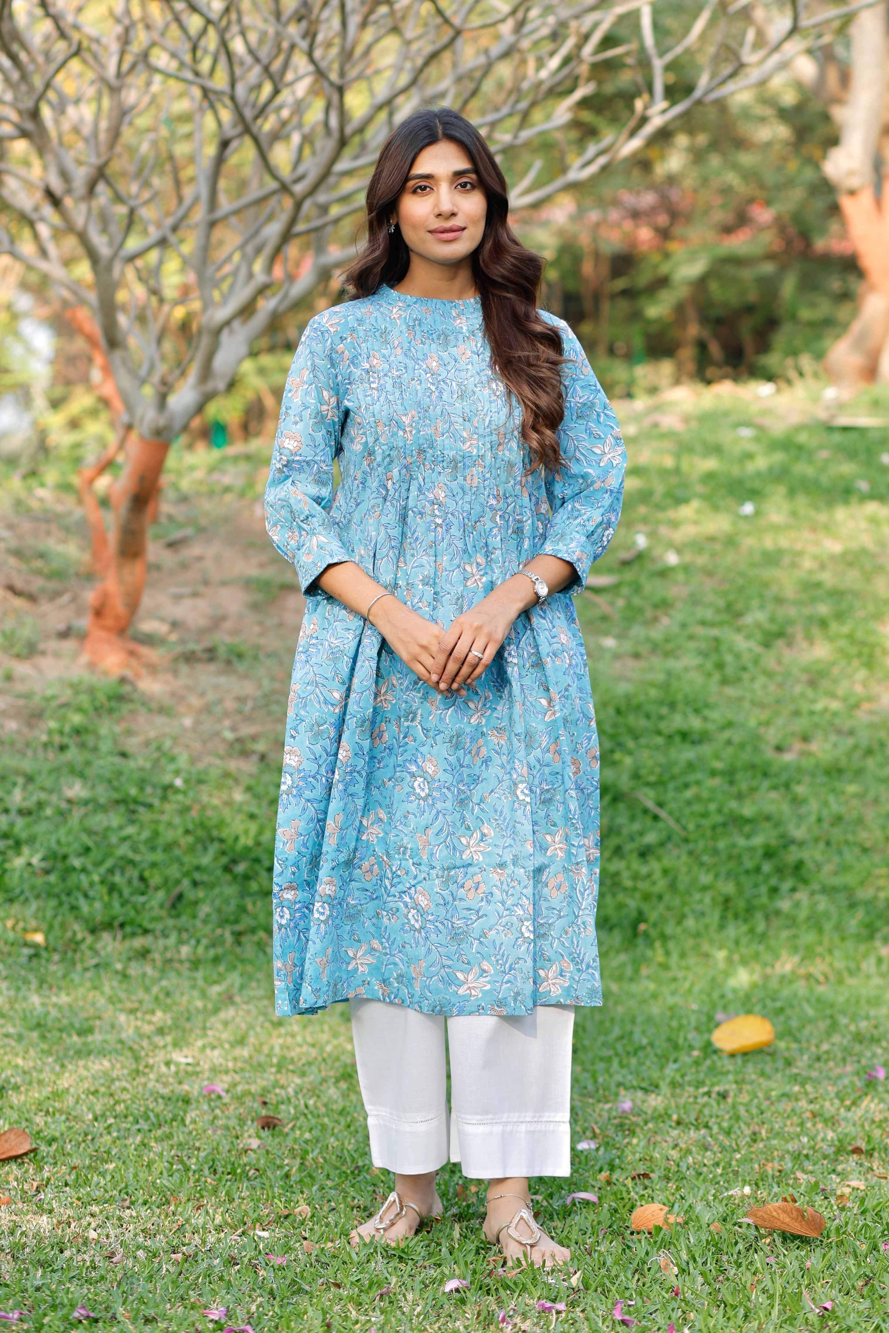 Aqua Blooming Hand Block Printed Cotton Kurta