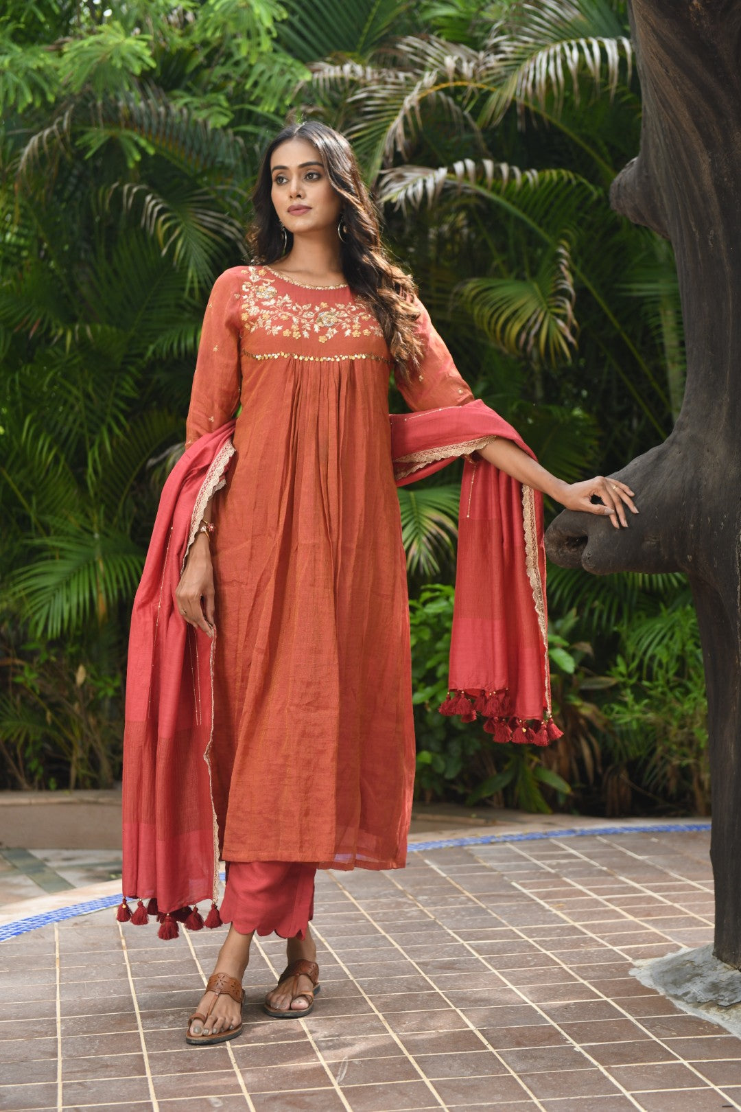 RUSTIC RED TISSUE CURVED YOKE RIWAYAT ANARKALI SET