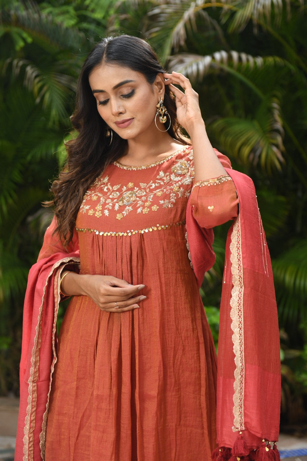 RUSTIC RED TISSUE CURVED YOKE RIWAYAT ANARKALI SET