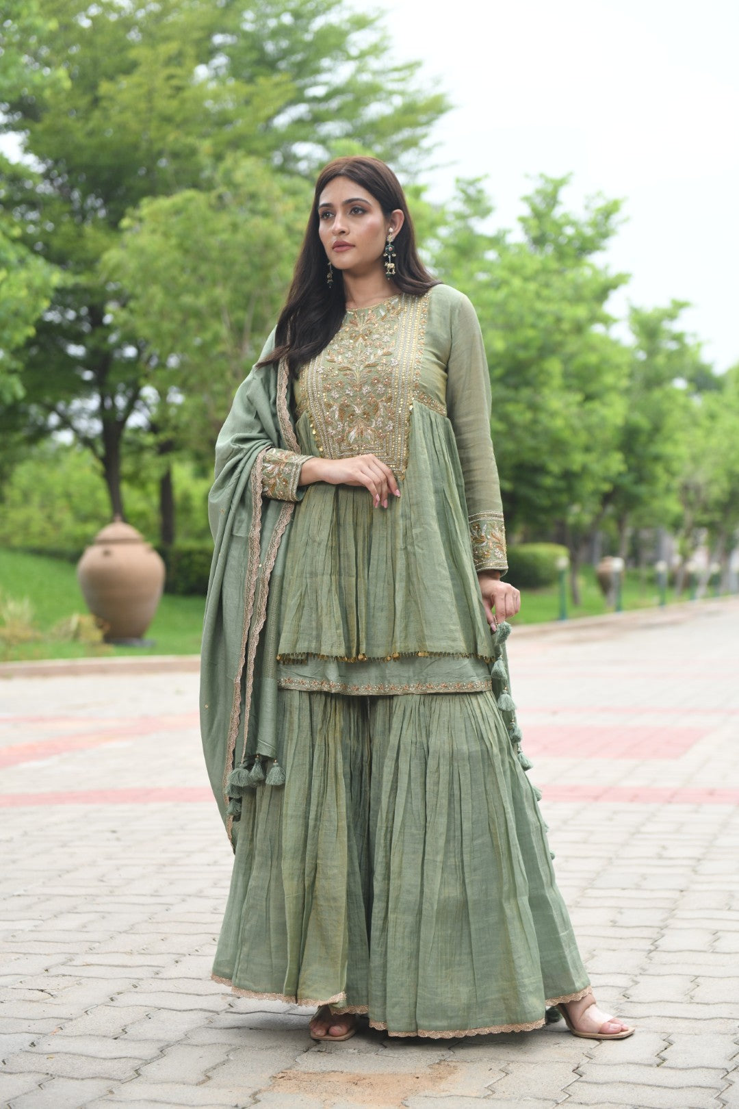 SEA GREEN RIWAYAT TISSUE SHARARA SET