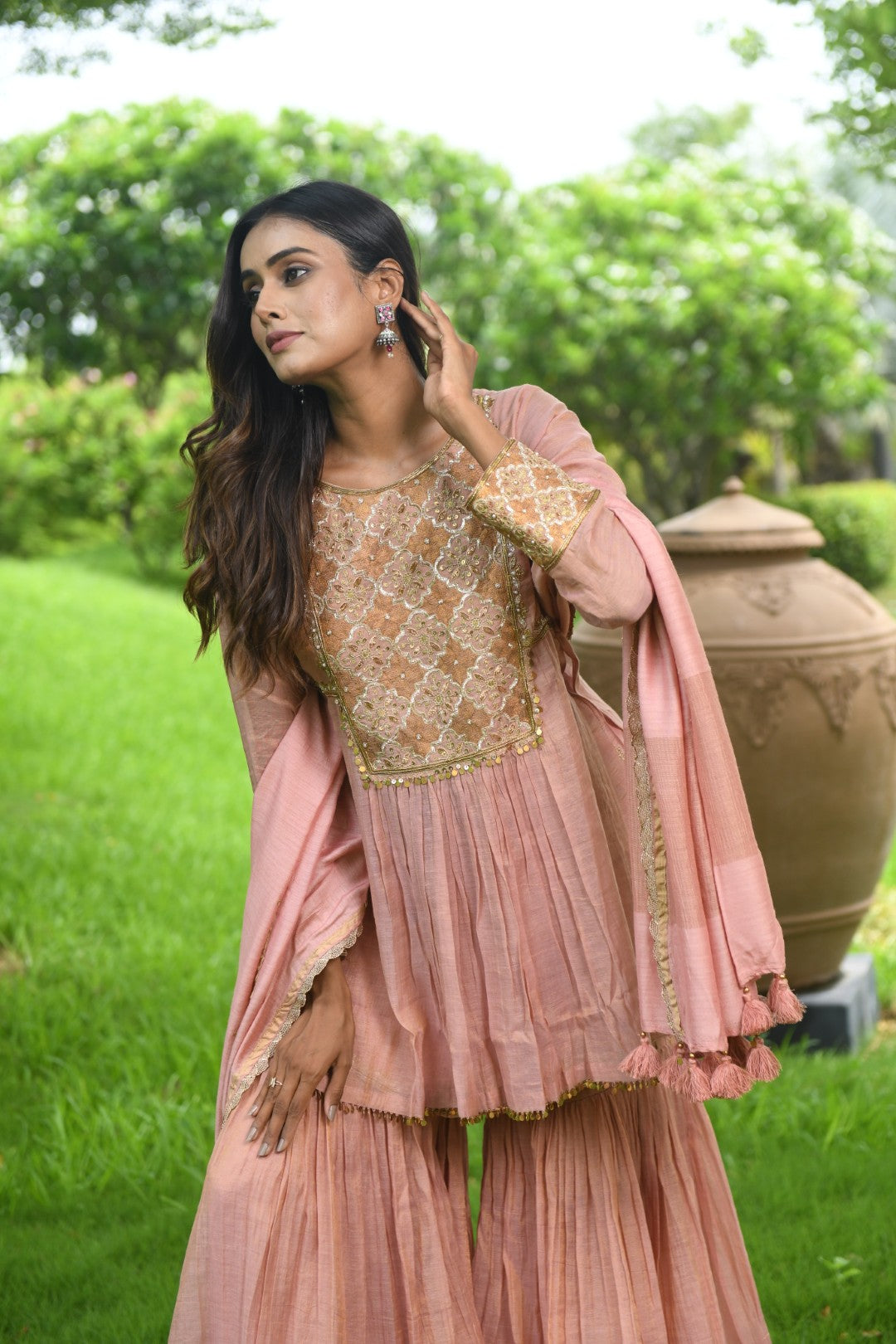 PEACH RIWAYAT TISSUE SHARARA SET