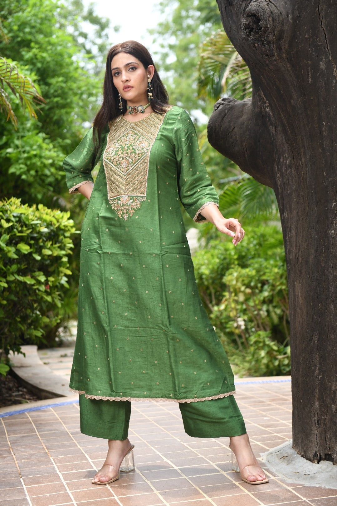 RAW MANGO GREEN EMBROIDERED A-LINE RIWAYAT KURTA SET