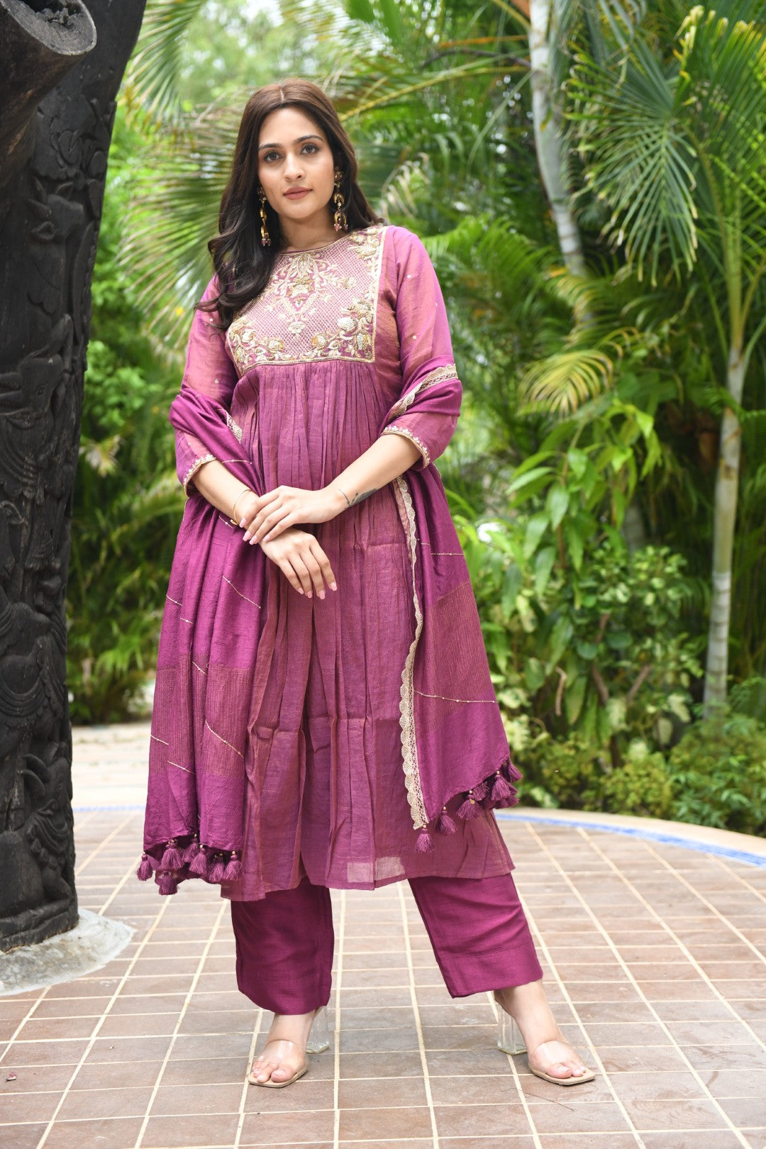 PURPLE TISSUE SQUARE YOKE RIWAYAT ANARKALI SET