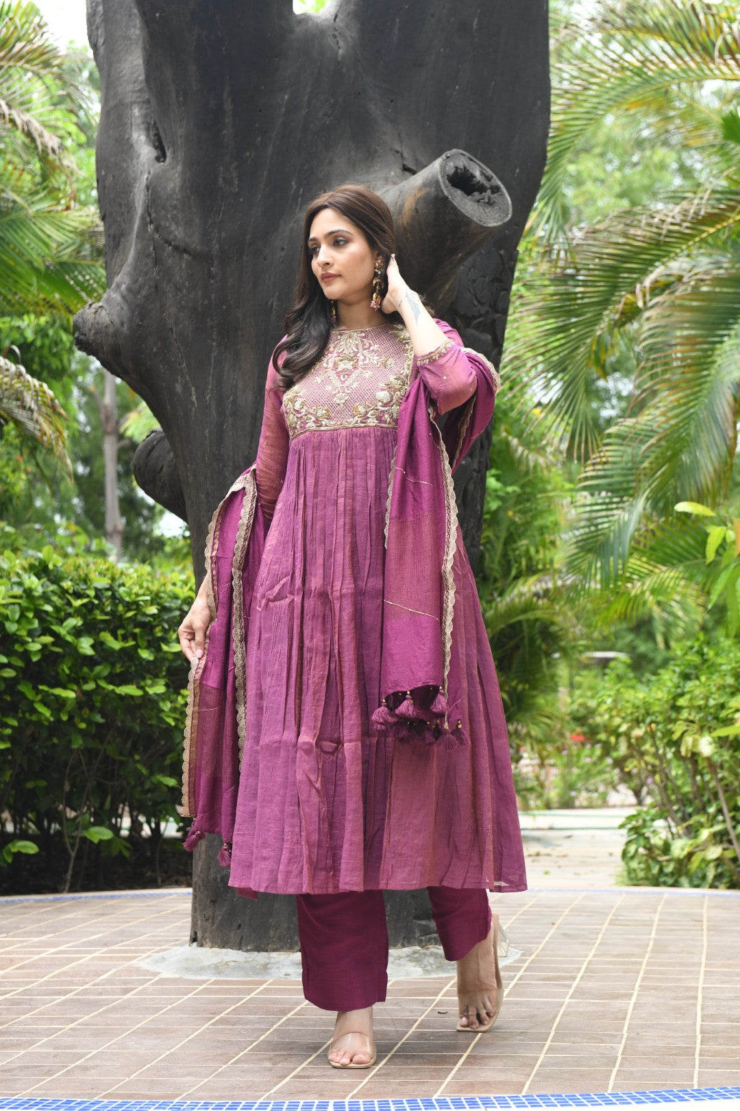 PURPLE TISSUE SQUARE YOKE RIWAYAT ANARKALI SET