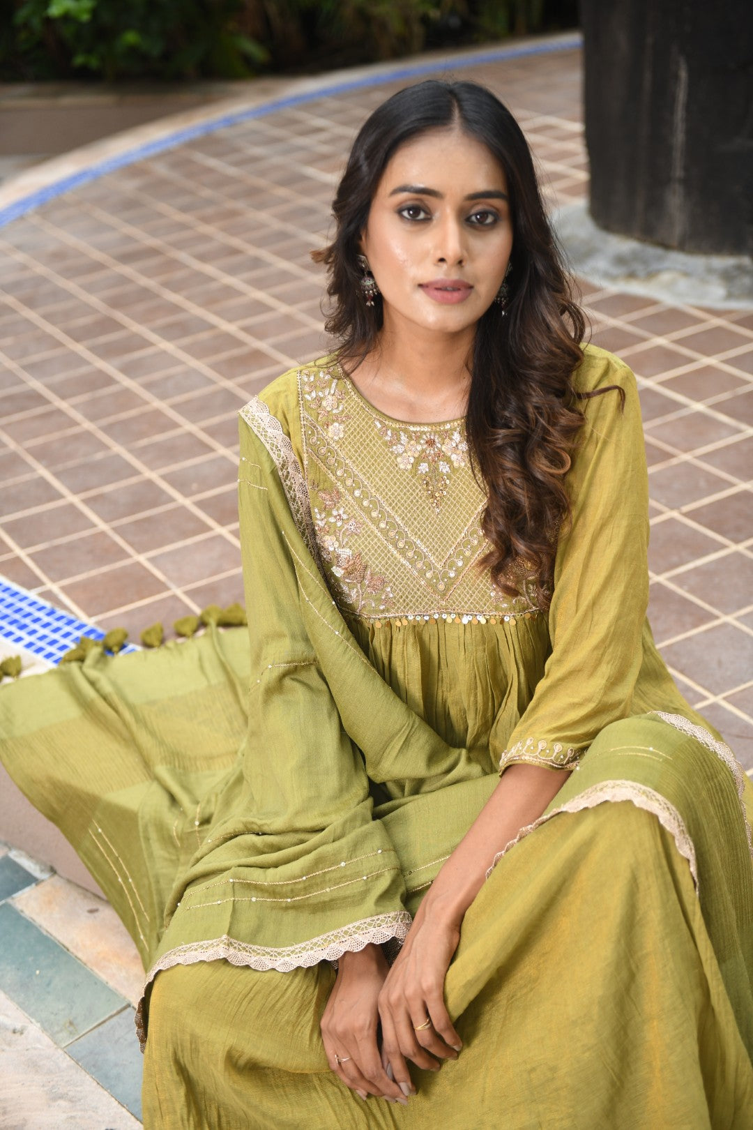 OLIVE GREEN TISSUE SQUARE YOKE RIWAYAT ANARKALI SET