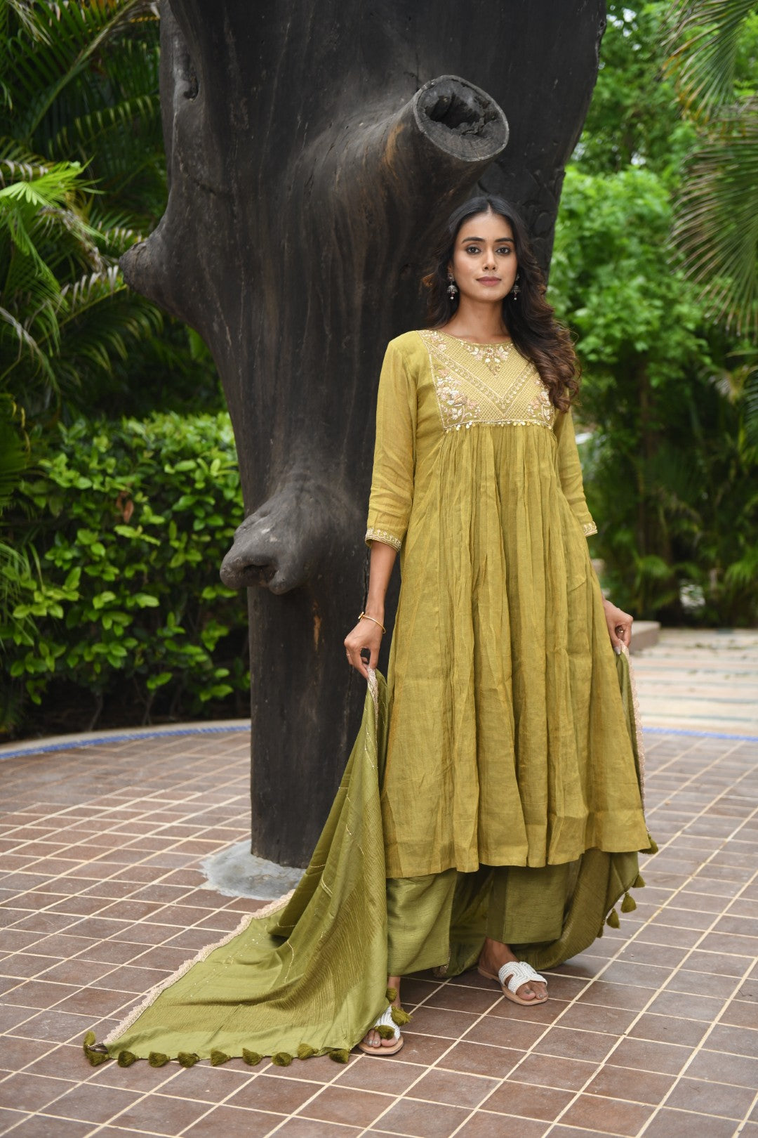 OLIVE GREEN TISSUE SQUARE YOKE RIWAYAT ANARKALI SET