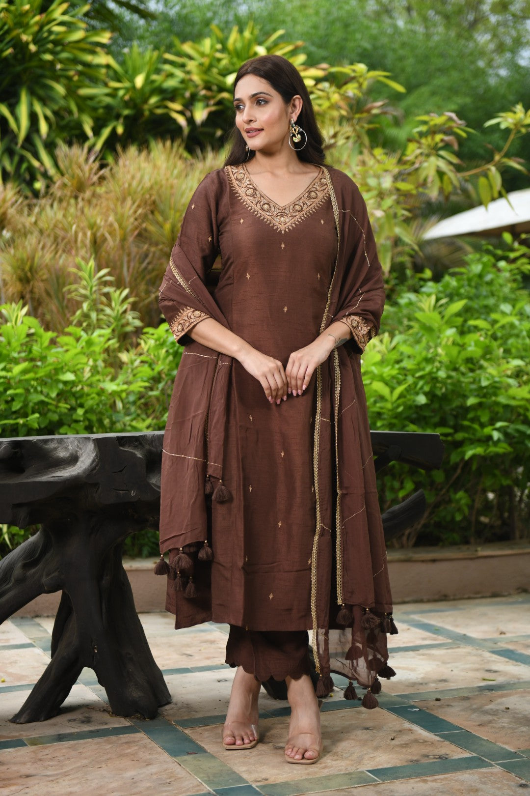BROWN EMBROIDERED A-LINE RIWAYAT KURTA SET