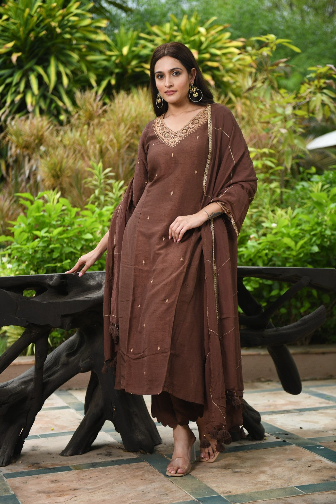 BROWN EMBROIDERED A-LINE RIWAYAT KURTA SET